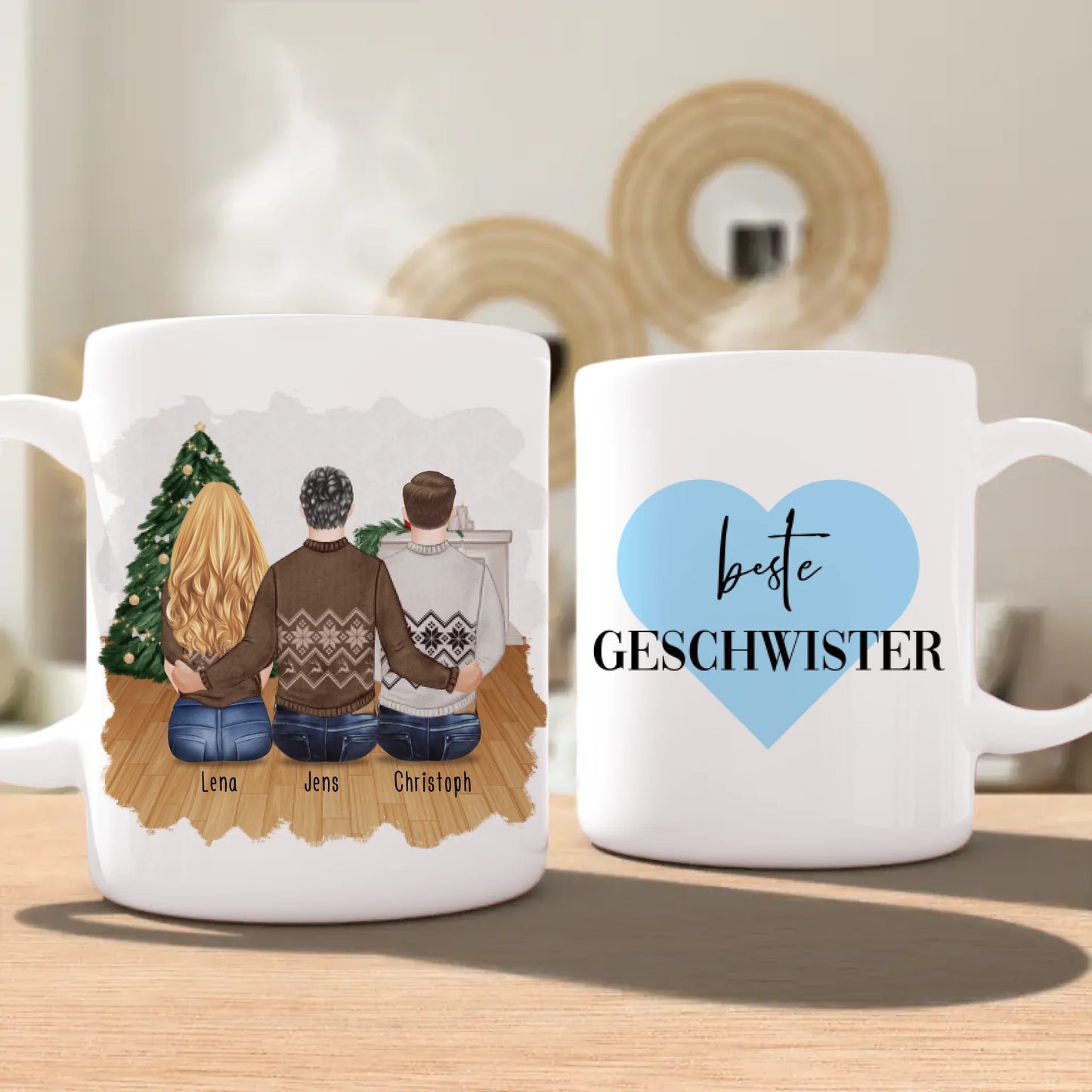 Personalisierte Tasse mit Bruder/Schwester (1 Schwester + 2 Brüder) - Weihnachtstasse