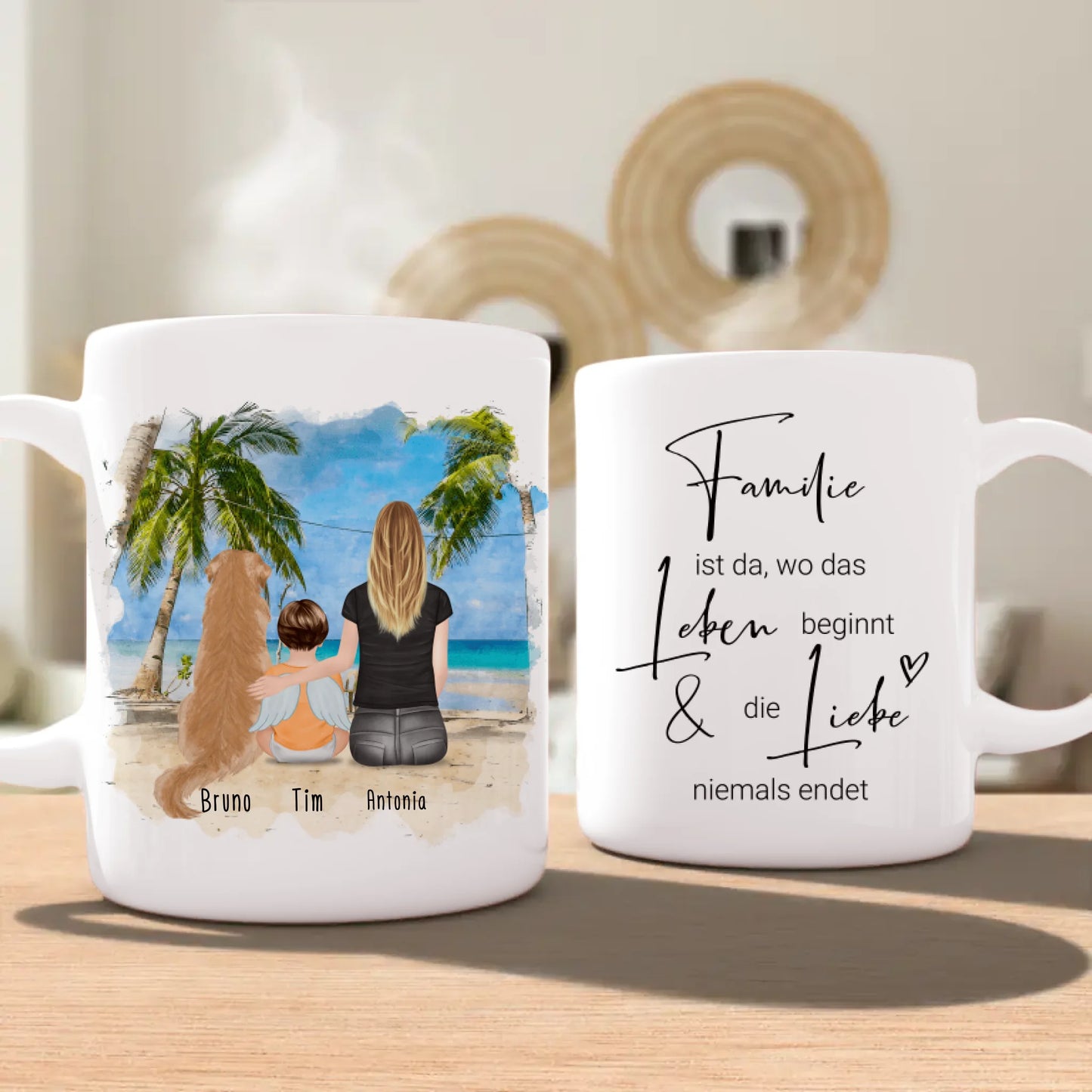 Personalisierte Tasse -  1 Mama + 1 Baby mit Engelsflügeln + 1 Hund