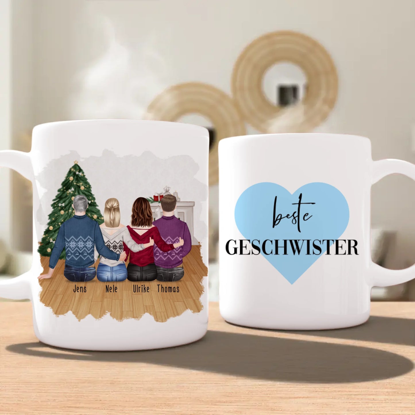 Personalisierte Tasse mit Bruder/Schwester (2 Schwestern + 2 Brüder) - Weihnachtstasse