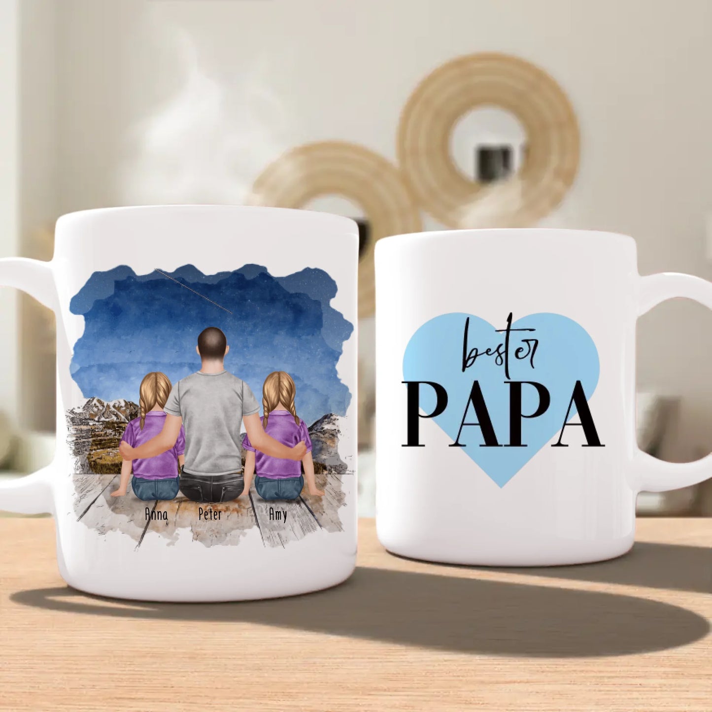 Personalisierte Tasse mit Vater/Kind (2 Kinder + 1 Vater)