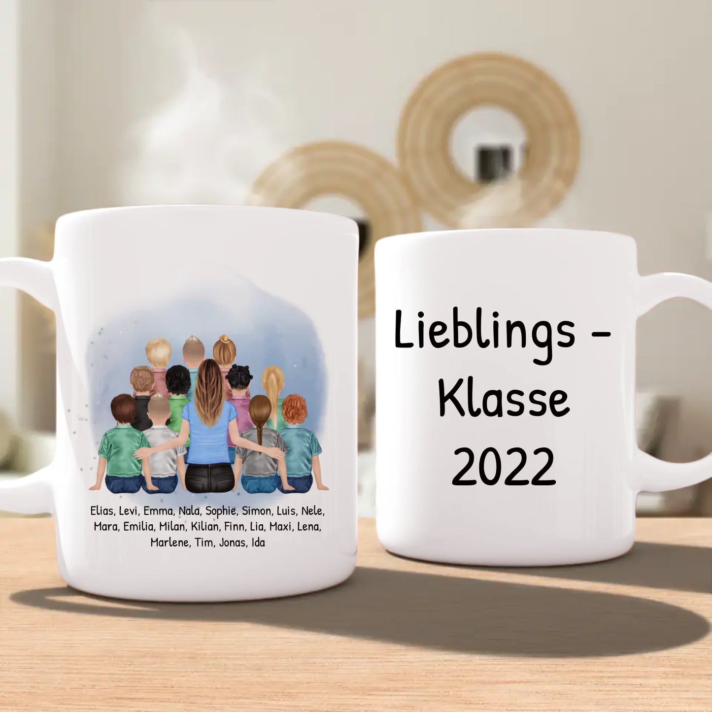 Personalisierte Tasse mit Lehrer/Lehrerin und Schulklasse (11-26 Schüler/Kinder)