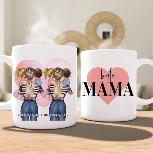 Personalisierte Tasse 2 Frauen mit je 1 Kind & 1 Baby