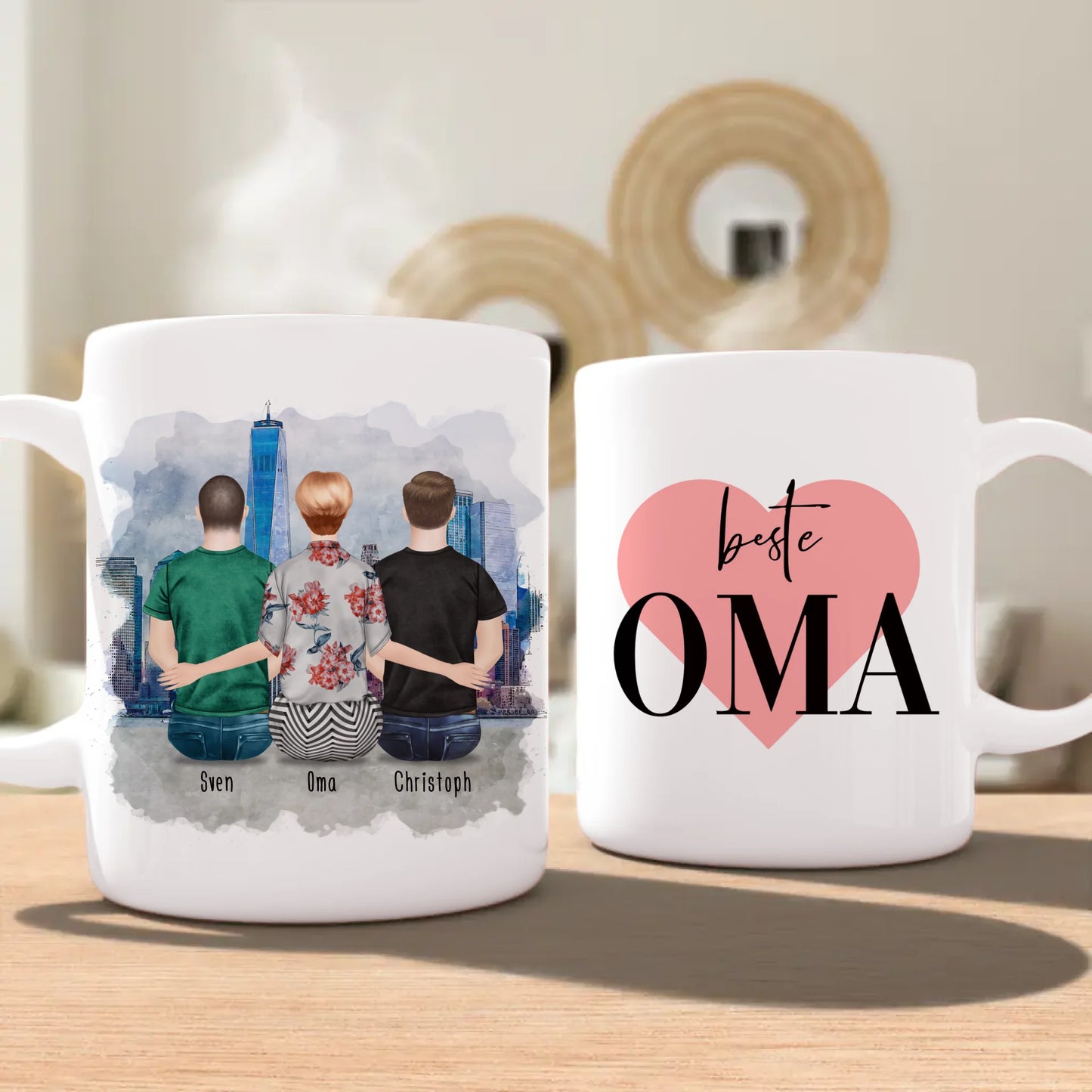 Personalisierte Tasse für Oma (2 Männer + 1 Oma)