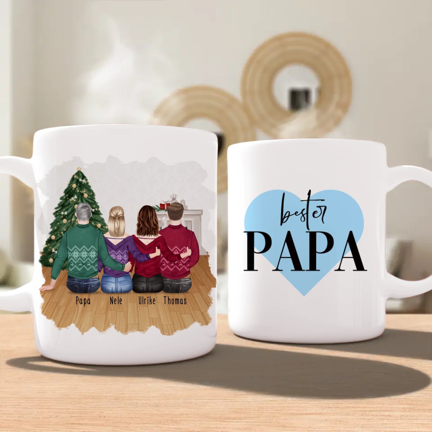 Personalisierte Tasse mit Vater/Tochter/Sohn (2 Töchter + 1 Sohn) - Weihnachtstasse