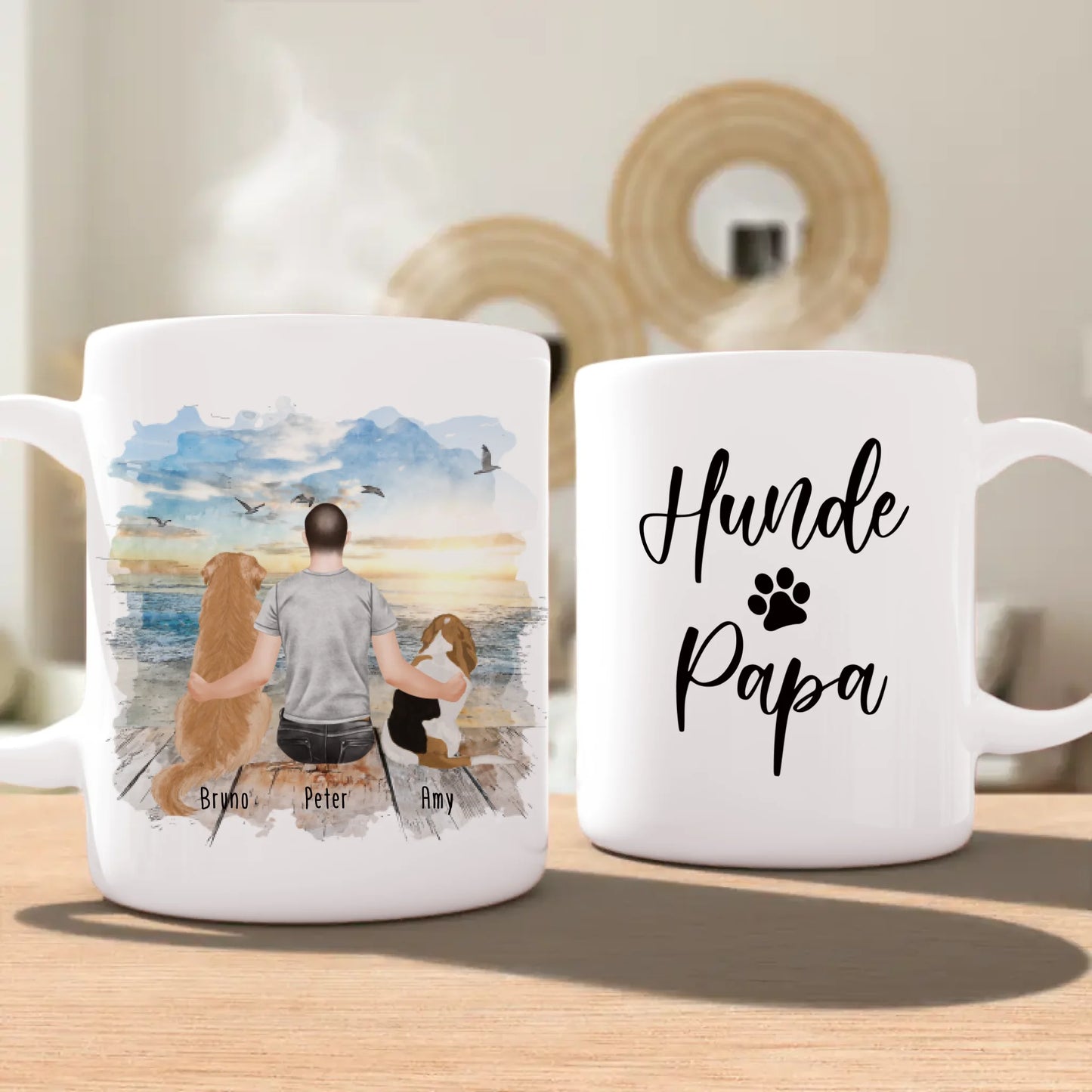 Personalisierte Tasse mit Hund und Mann (2 Hunde + 1 Mann)