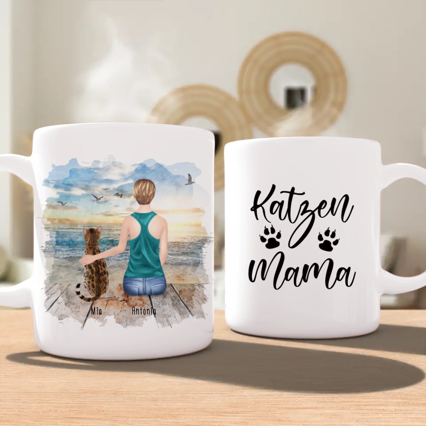 Personalisierte Tasse mit Katze und Frau (1 Katze + 1 Frau)