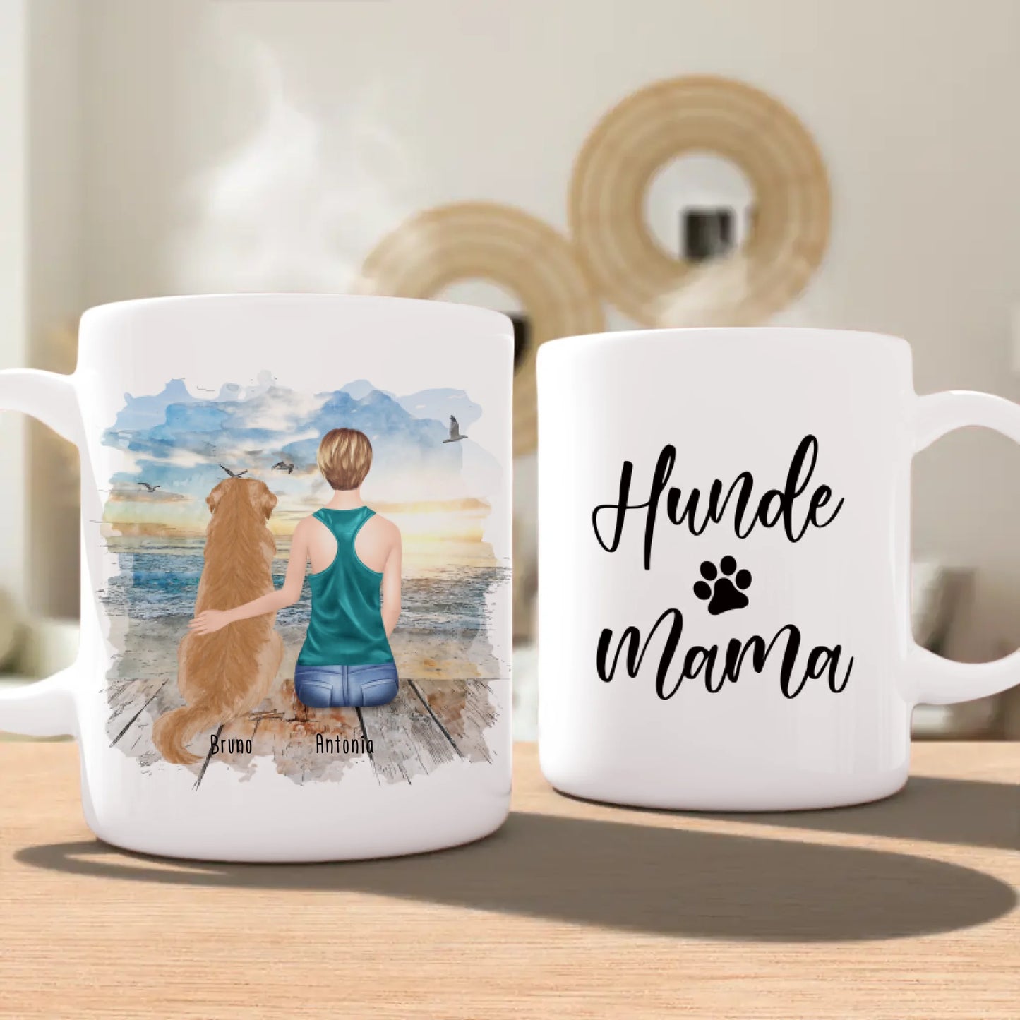 Personalisierte Tasse mit Hund und Frau (1 Hund + 1 Frau)