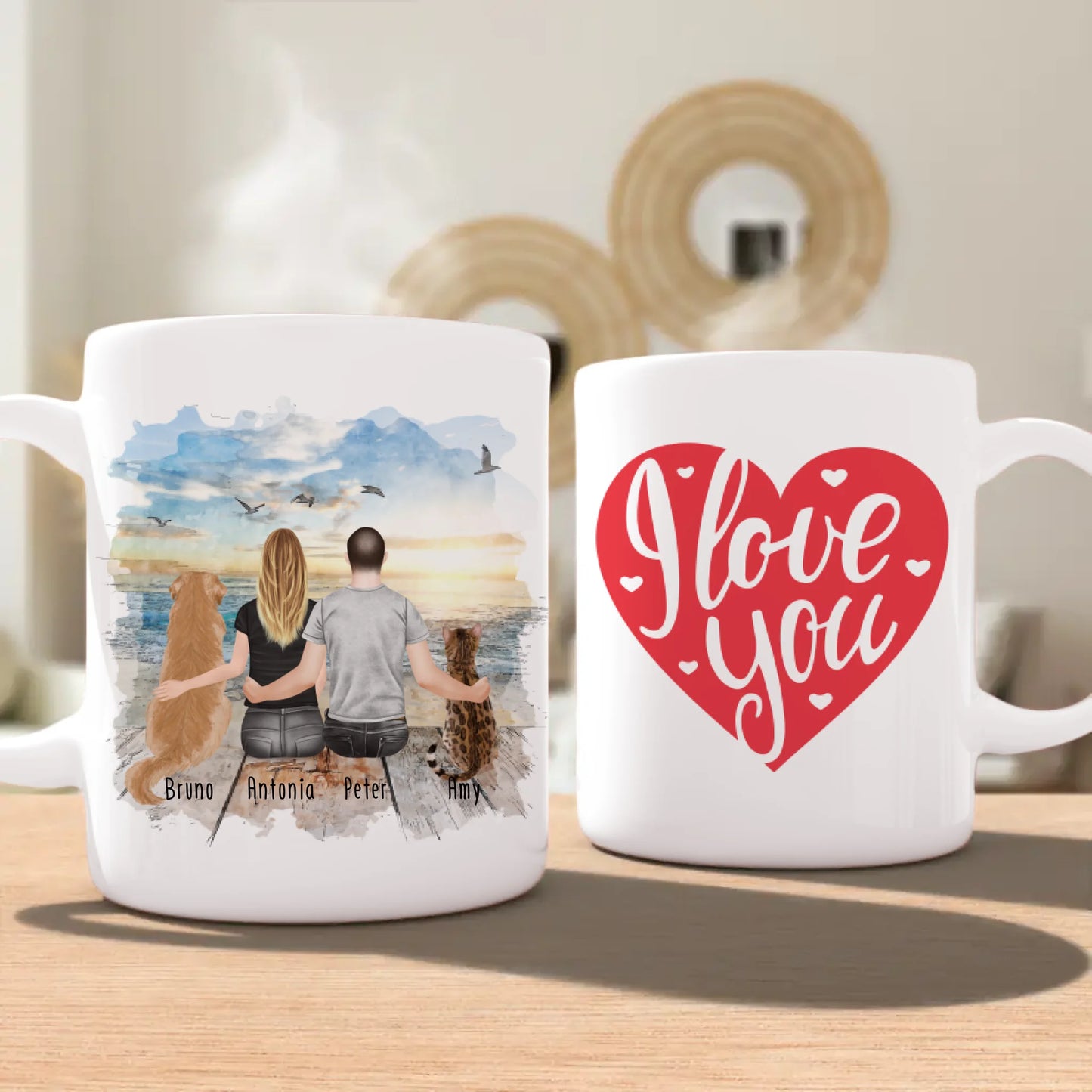 Personalisierte Tasse mit Pärchen und 1 Hund und 1 Katze