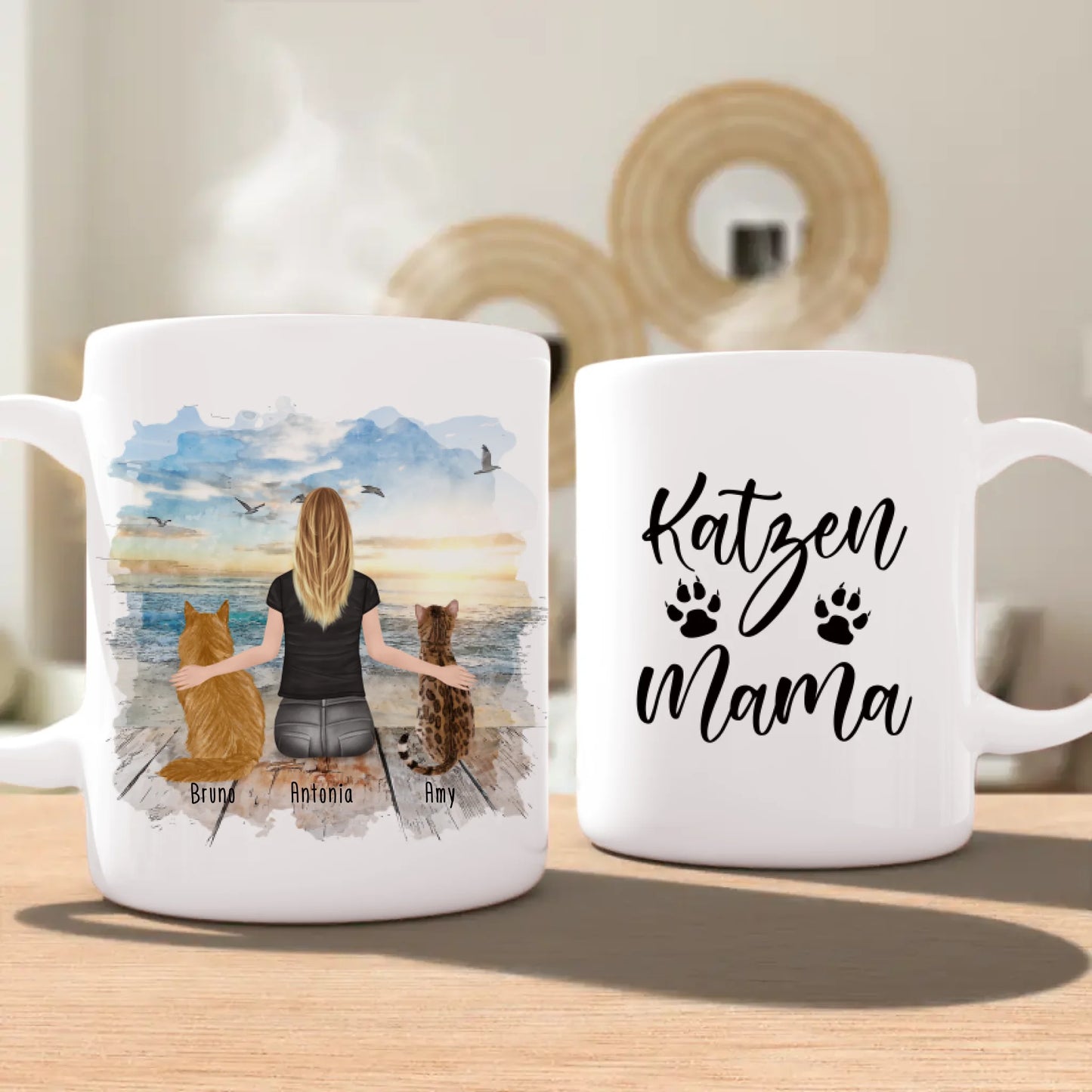 Personalisierte Tasse mit Katze und Frau (2 Katzen + 1 Frau)