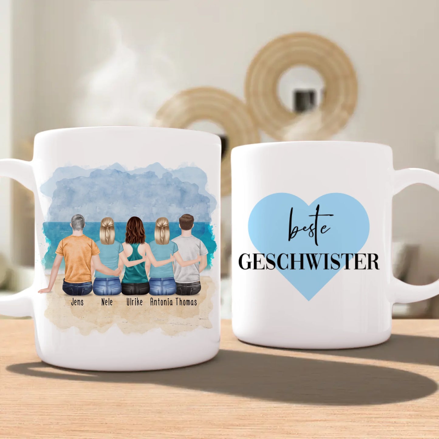 Personalisierte Tasse mit Bruder/Schwester (3 Schwestern + 2 Brüder)