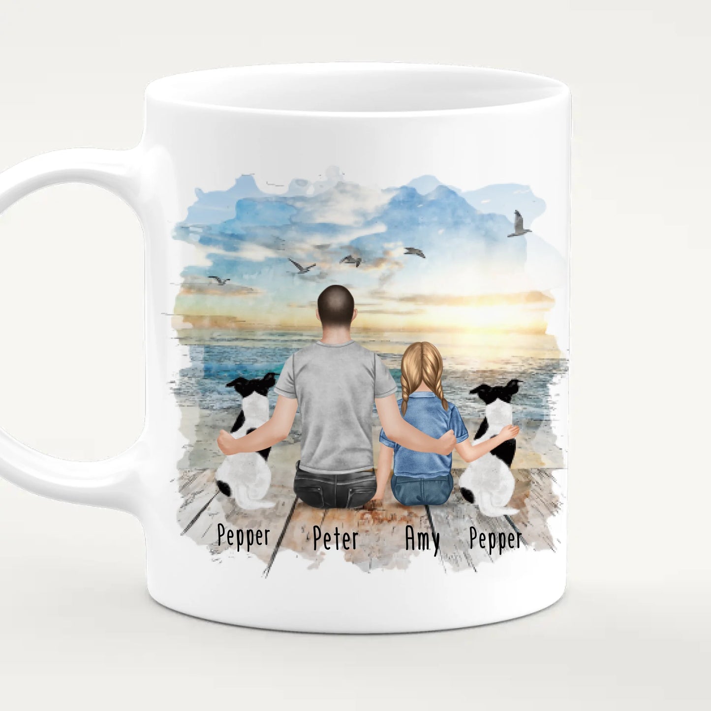 Personalisierte Tasse - 1 Mann + 1 Kind + 2 Hunde