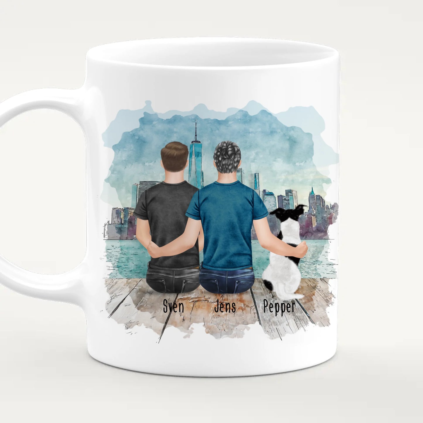 Personalisierte Tasse - 2 Männer + 1 Hund