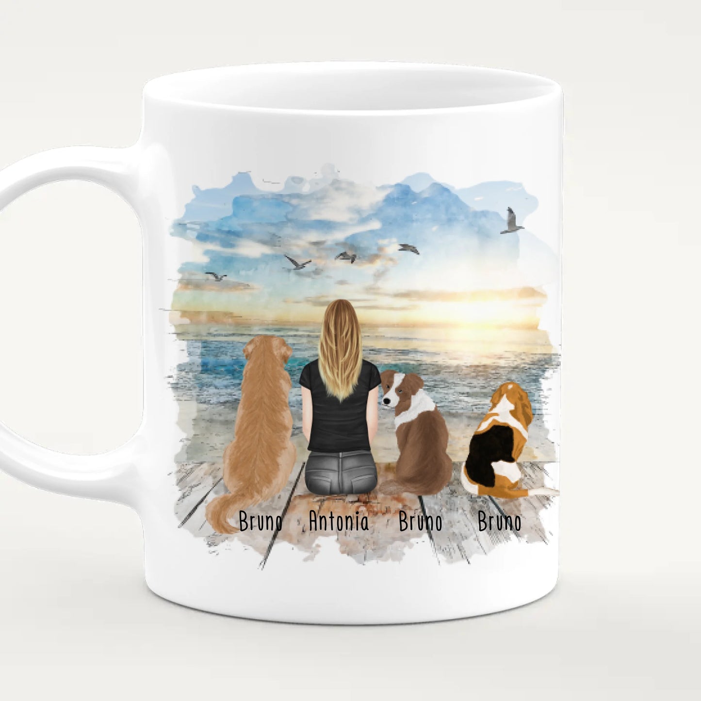 Personalisierte Tasse 1 Frau + 3 Hunde