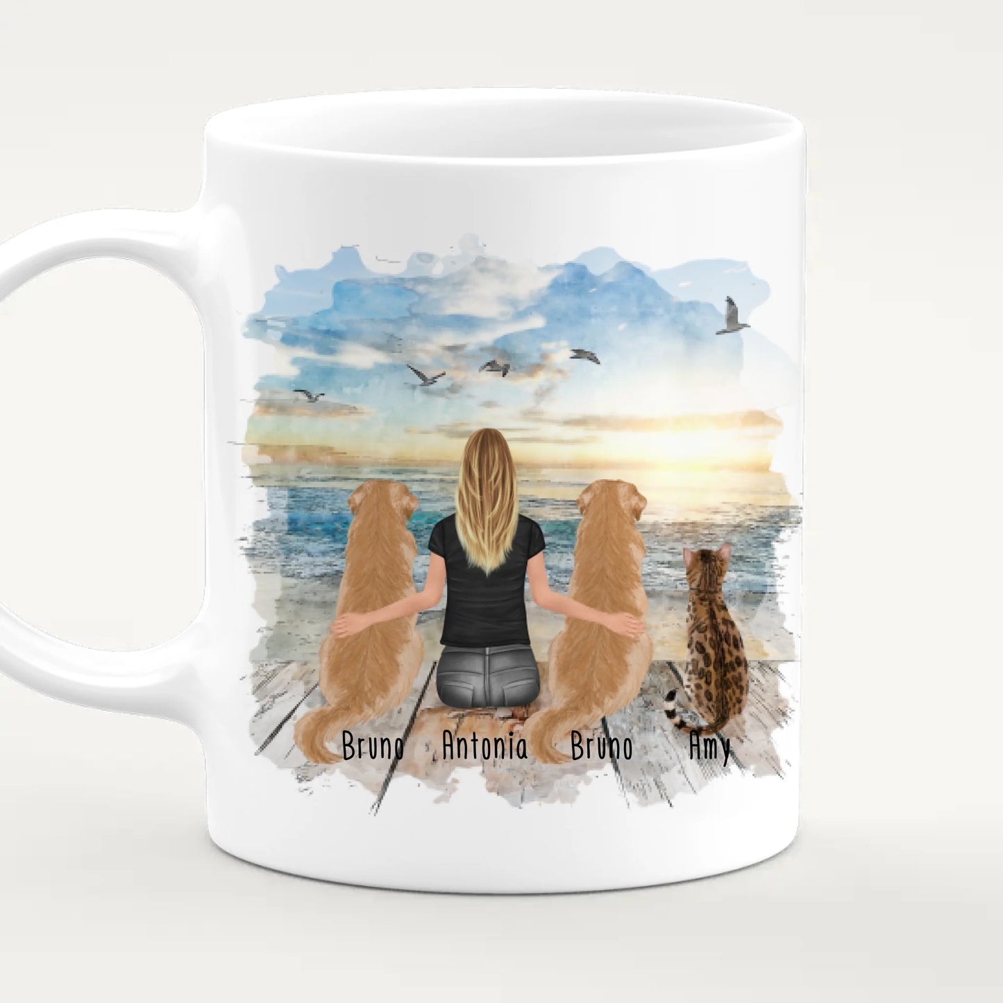 Personalisierte Tasse 1 Frau + 2 Hunde + 1 Katze