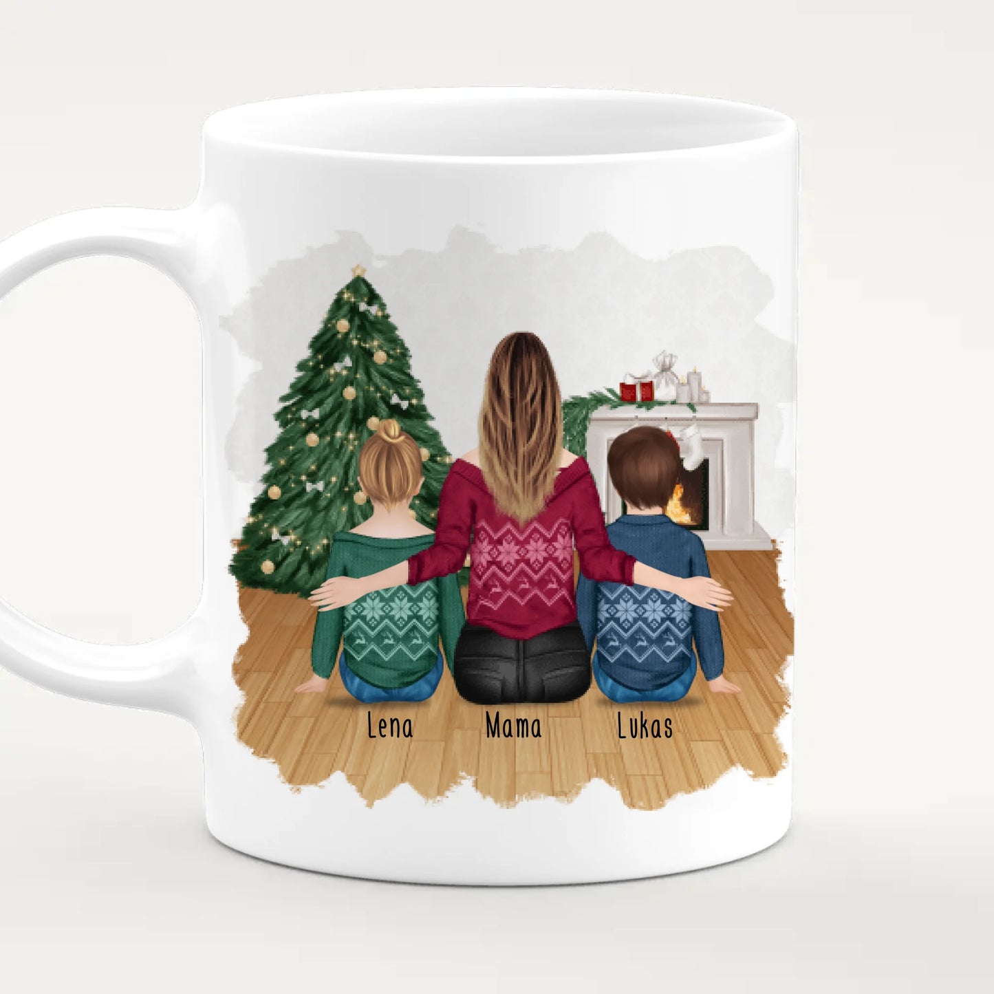 Personalisierte Tasse mit Mutter und Kindern (2 Kinder + 1 Mutter) - Weihnachtstasse