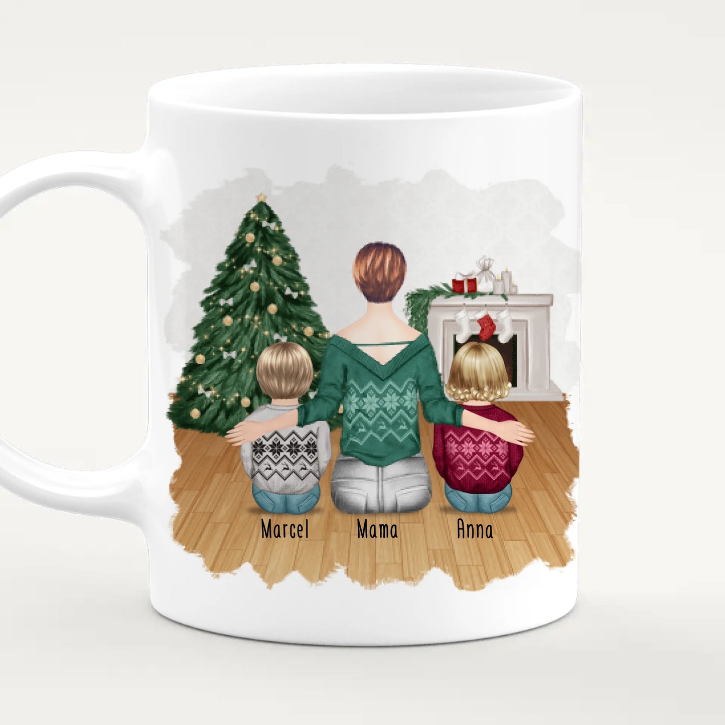 Personalisierte Tasse mit Mutter und Kindern (2 Kinder + 1 Mutter) - Weihnachtstasse