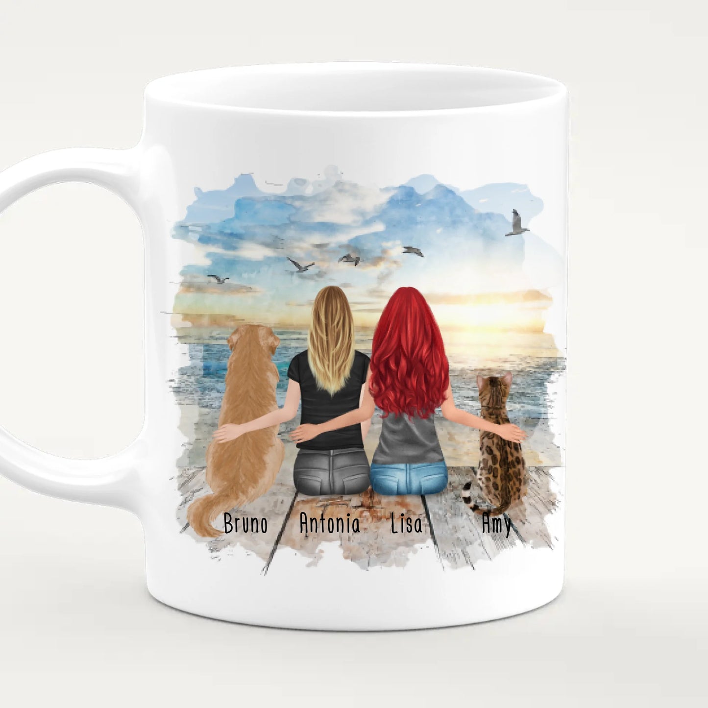 Personalisierte Tasse mit Hund, Katze und Frauen (1 Hund + 1 Katze + 2 Frauen)