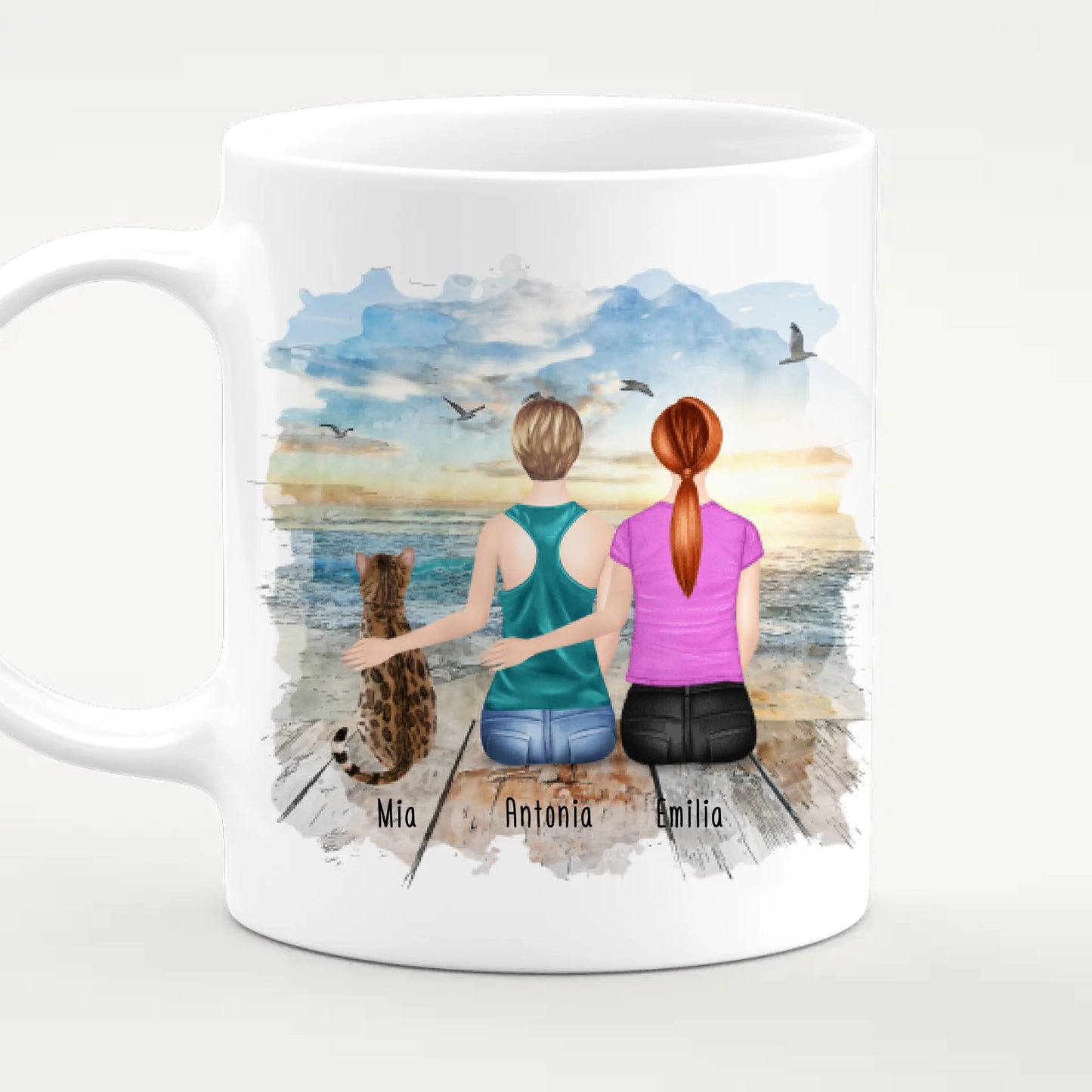 Personalisierte Tasse mit Katze und Frauen (1 Katze + 2 Frauen)