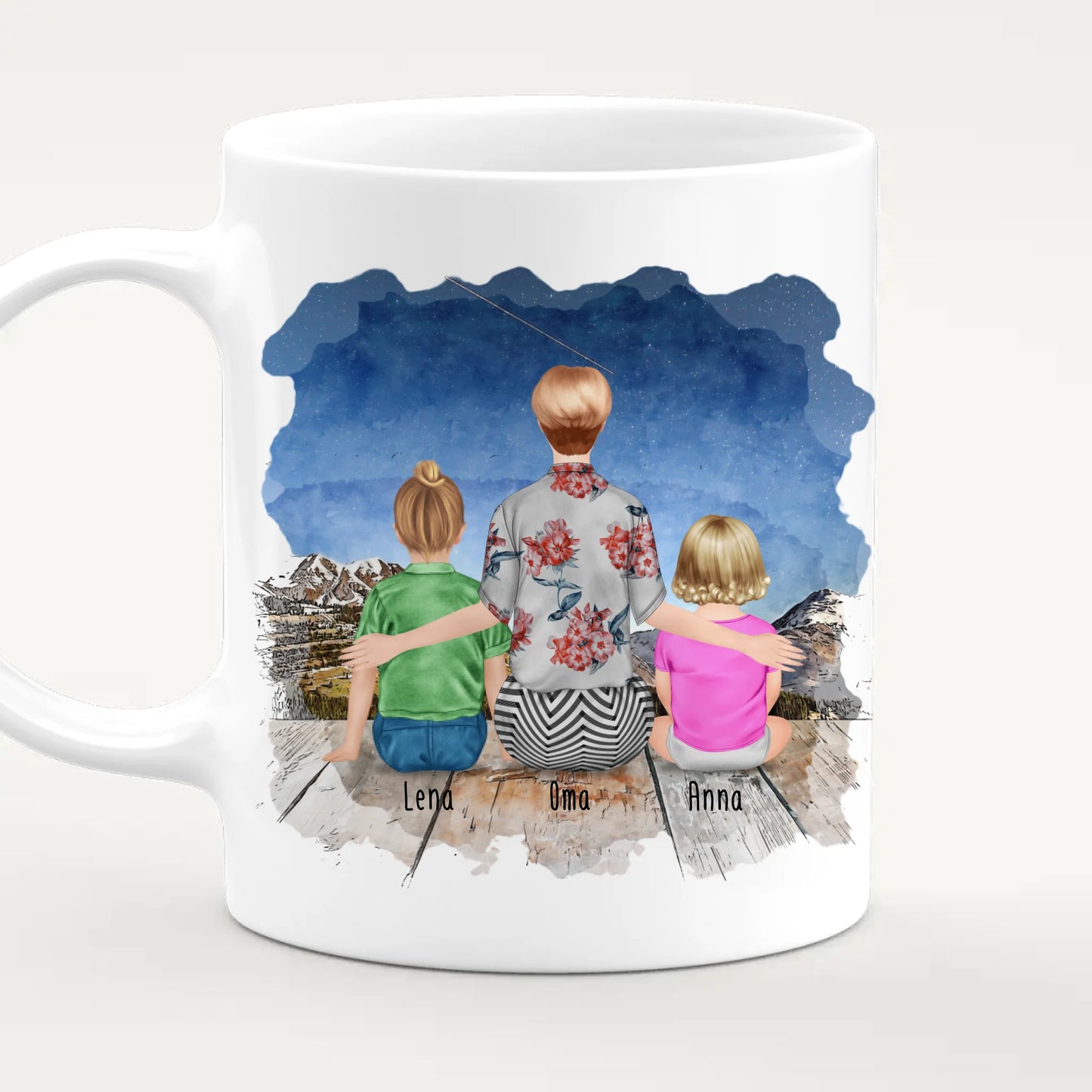 Personalisierte Tasse für Oma (1 Baby + 1 Kind + 1 Oma)