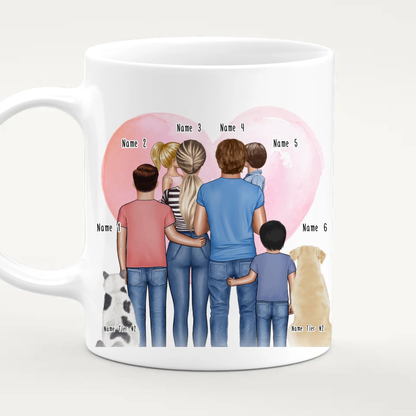 Personalisierte Tasse - Familie + 1-4 Kinder + 1-2 Hunde/Katzen