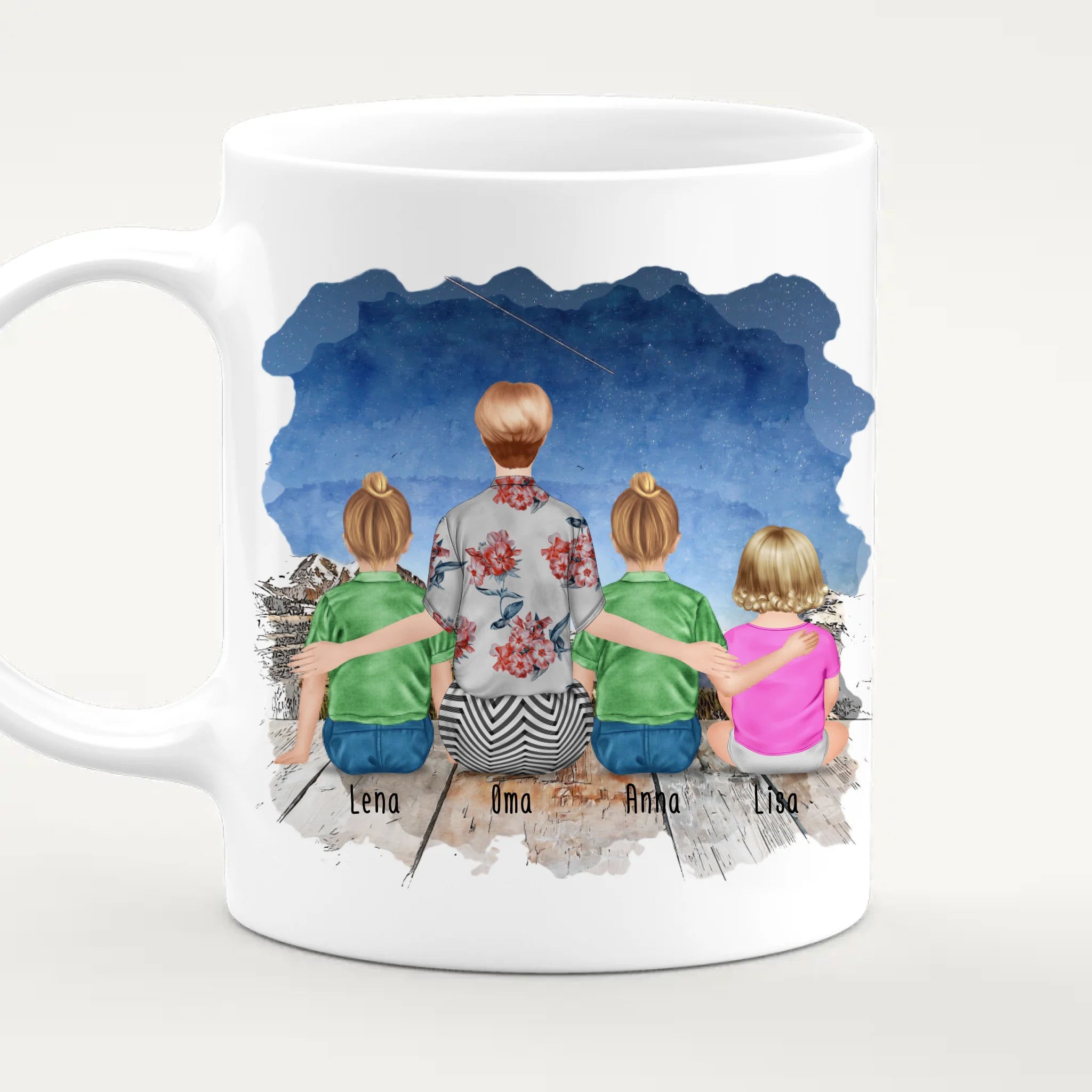 Personalisierte Tasse für Oma (2 Kinder + 1 Baby + 1 Oma)