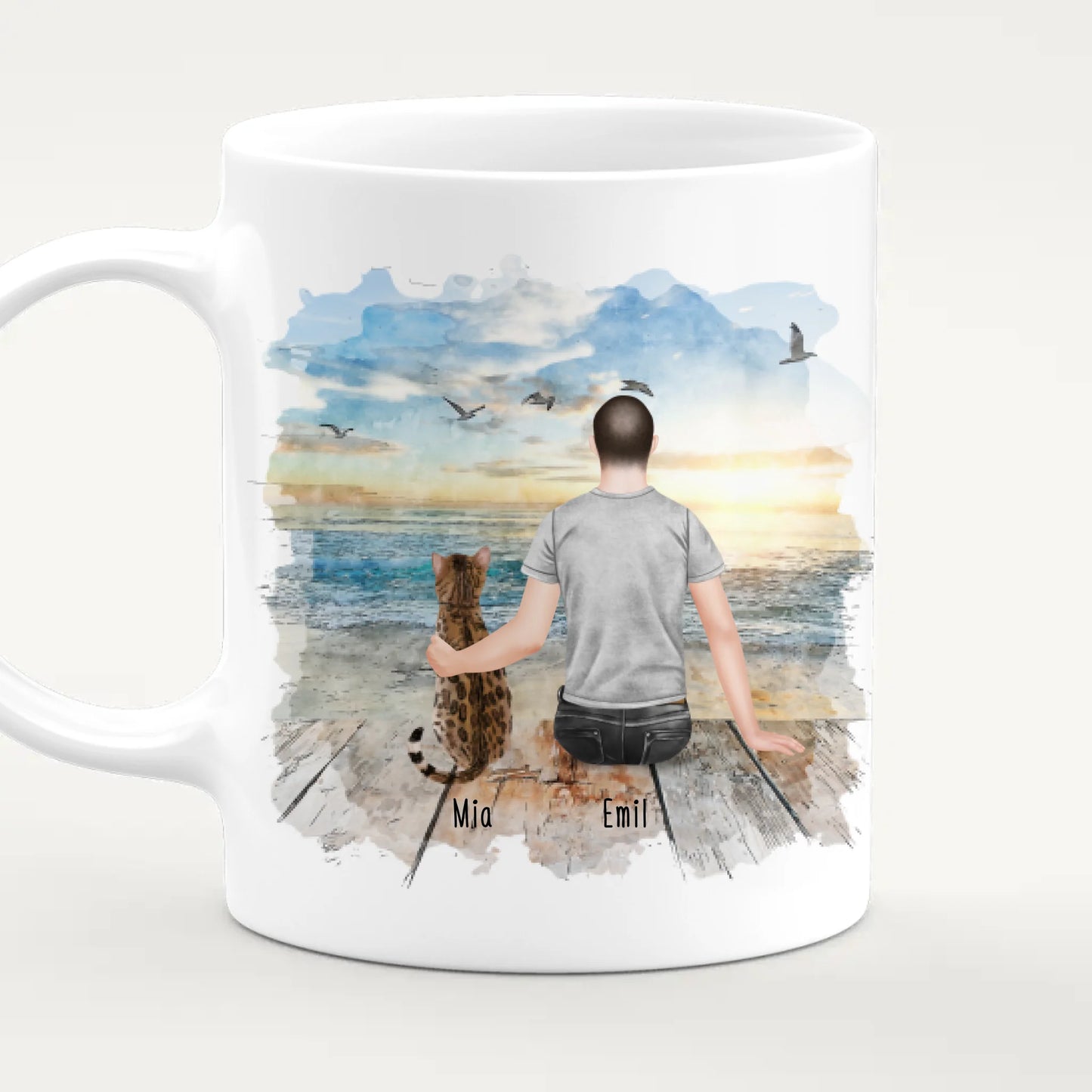 Personalisierte Tasse mit Katze und Mann (1 Katze + 1 Mann)