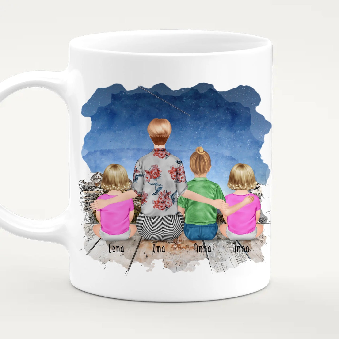 Personalisierte Tasse für Oma (2 Babys + 1 Kind + 1 Oma)
