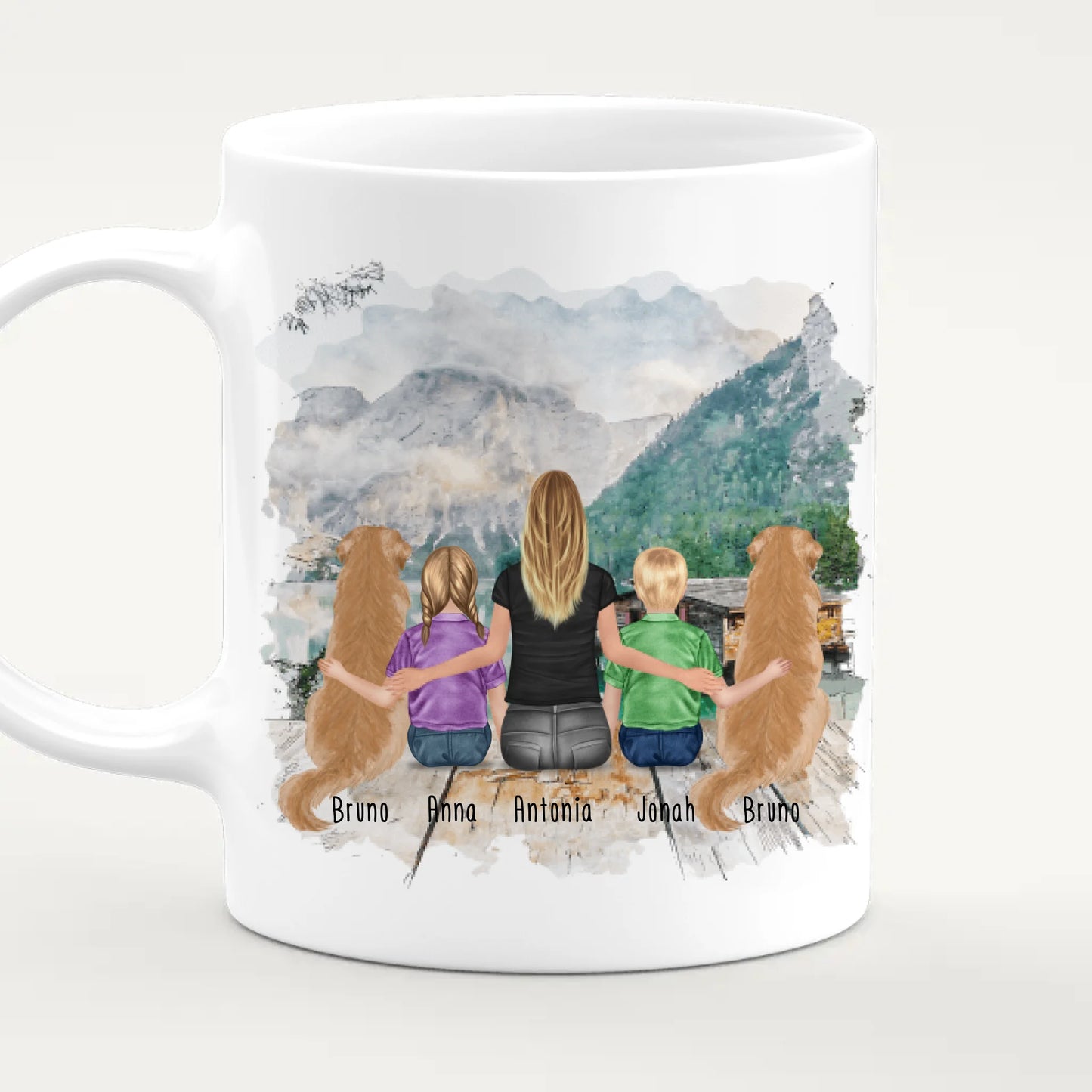 Personalisierte Tasse mit 1 Frau + 2 Kindern + 2 Hunden