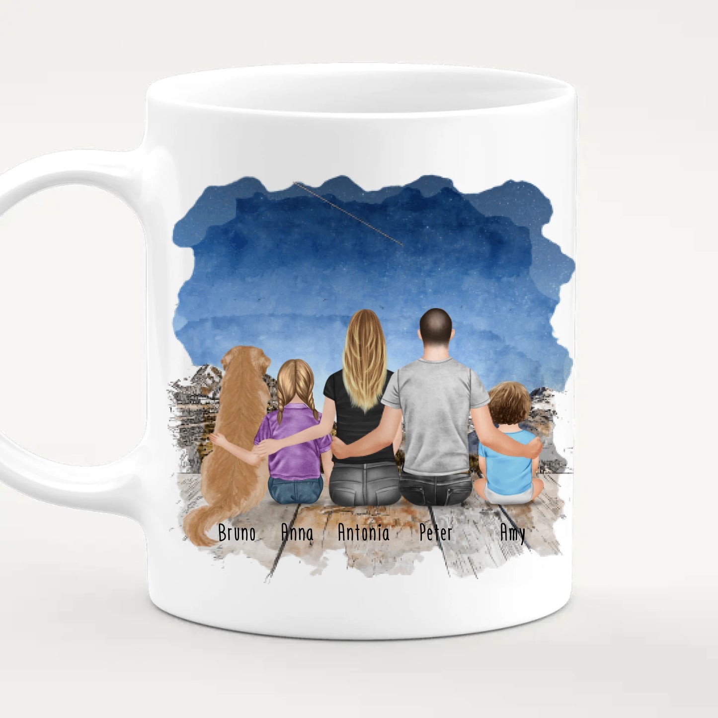 Personalisierte Tasse mit Familie + 1 Hund (1 Baby + 1 Kind)