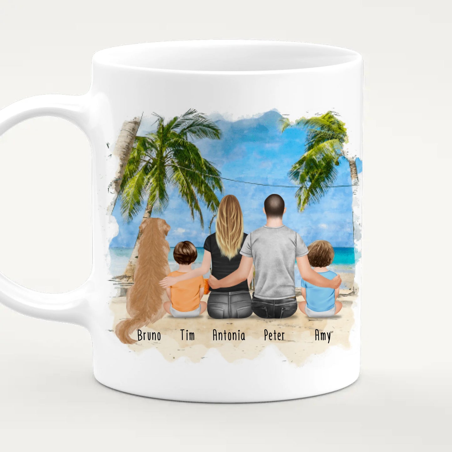 Personalisierte Tasse mit Familie + 1 Hund (2 Babys)