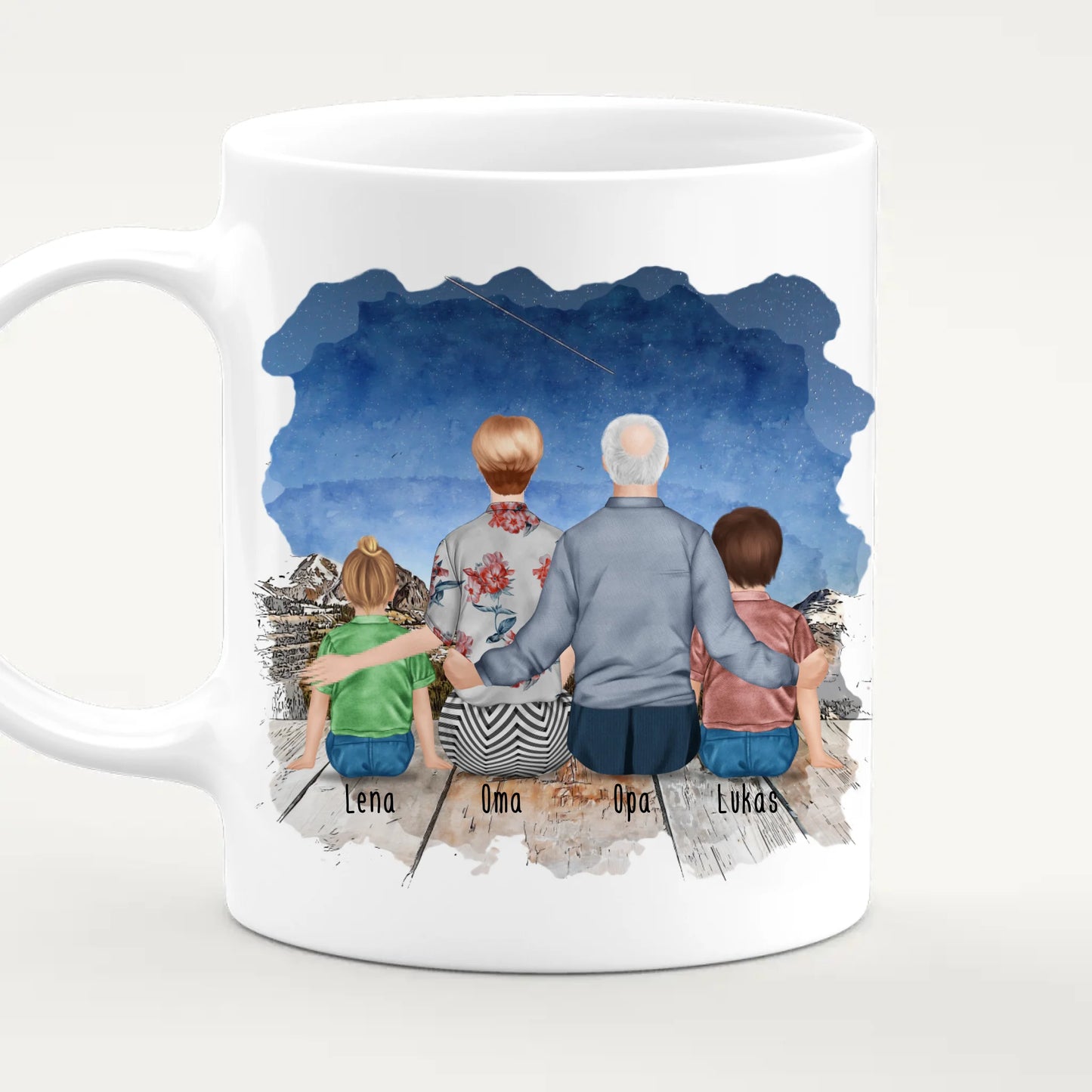 Personalisierte Tasse für Oma und Opa (1 Kleinkind + 1 Kind + 1 Oma + 1 Opa)