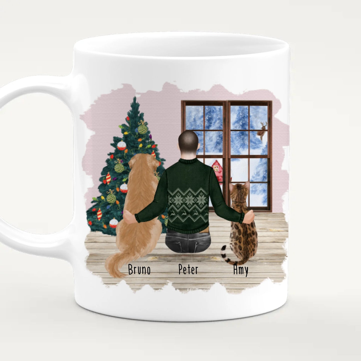 Personalisierte Tasse mit Hund, Katze und Mann (1 Hund + 1 Katze + 1 Mann) - Weihnachtstasse