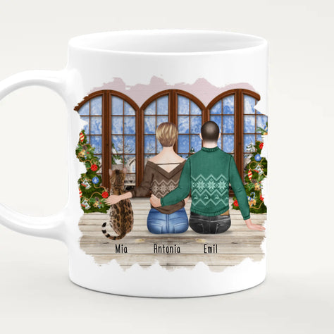 Personalisierte Tasse mit Pärchen und 1 Katze - Weihnachtstasse