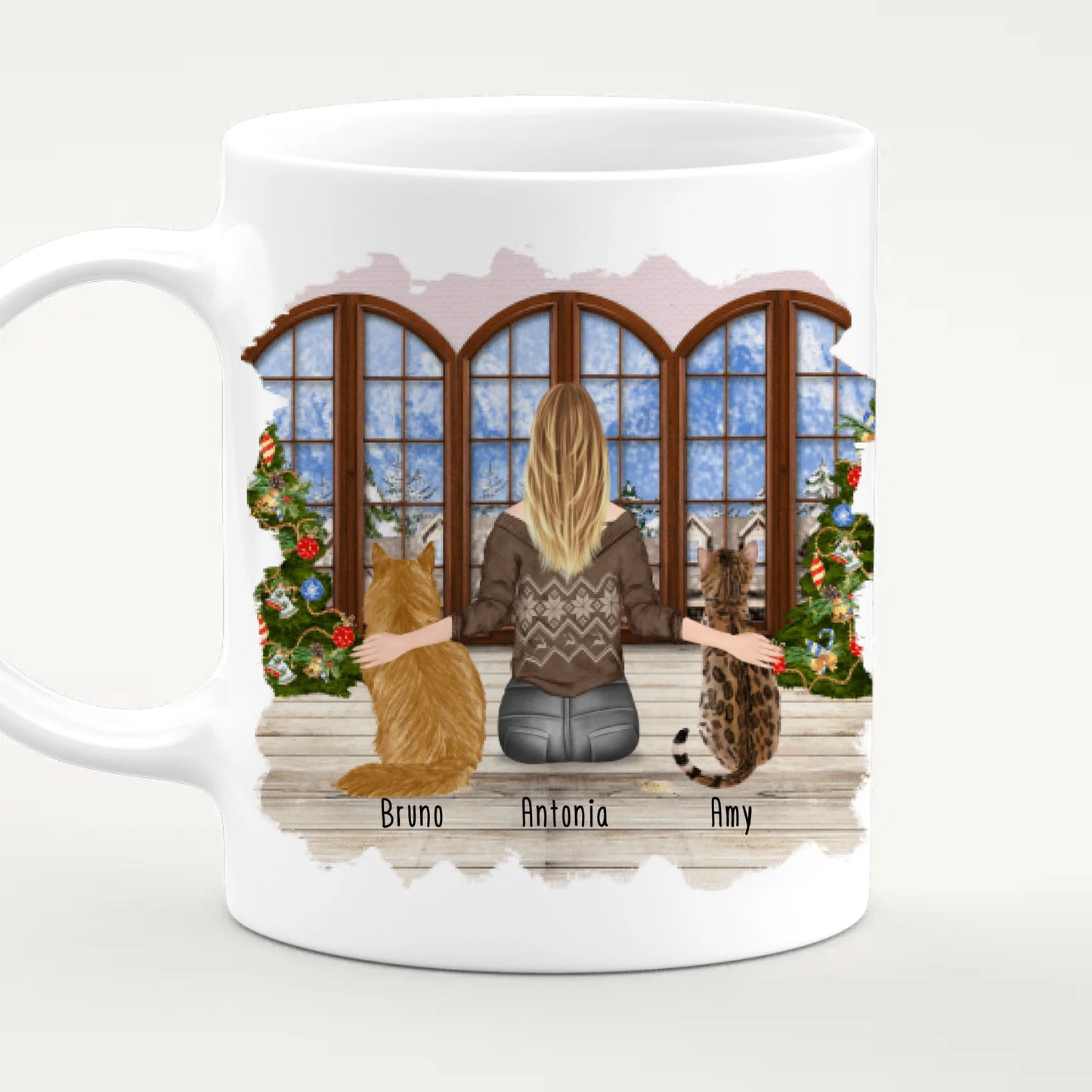 Personalisierte Tasse mit Katze und Frau (2 Katzen + 1 Frau) - Weihnachtstasse