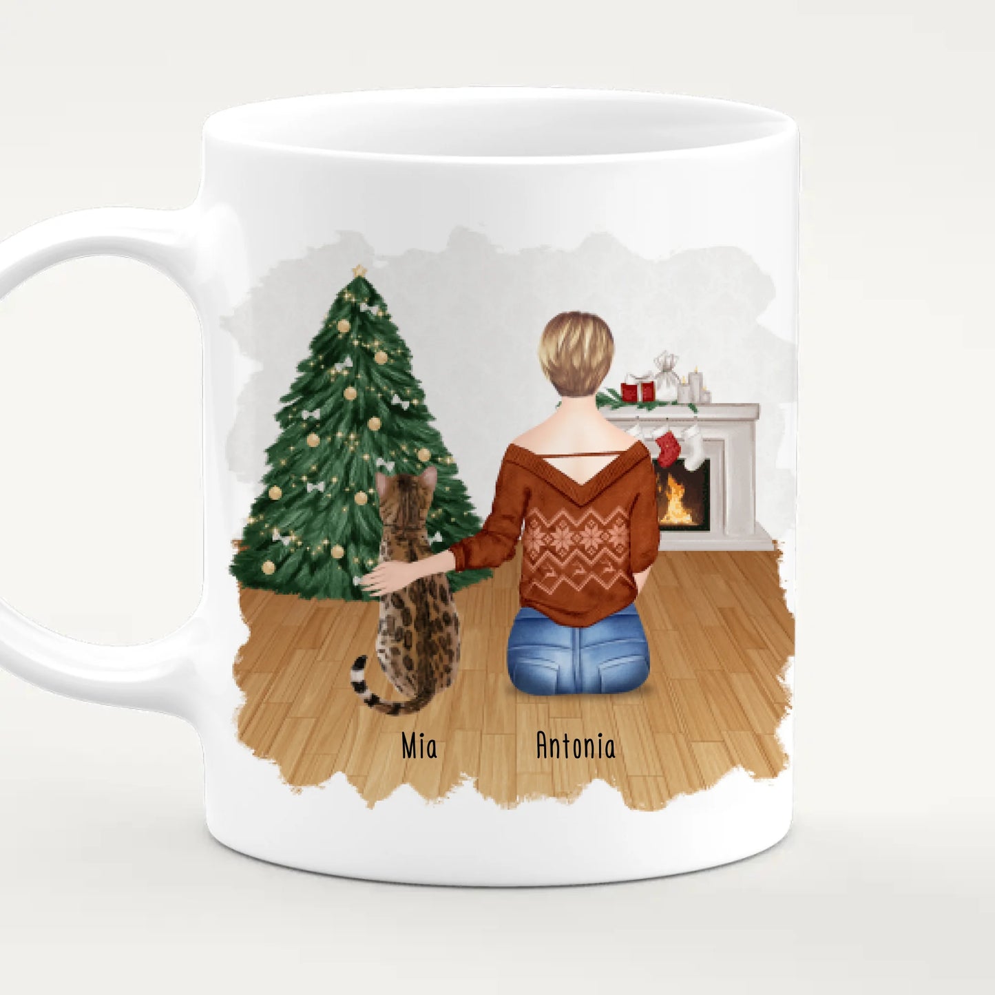 Personalisierte Tasse mit Katze und Frau (1 Katze + 1 Frau) - Weihnachtstasse