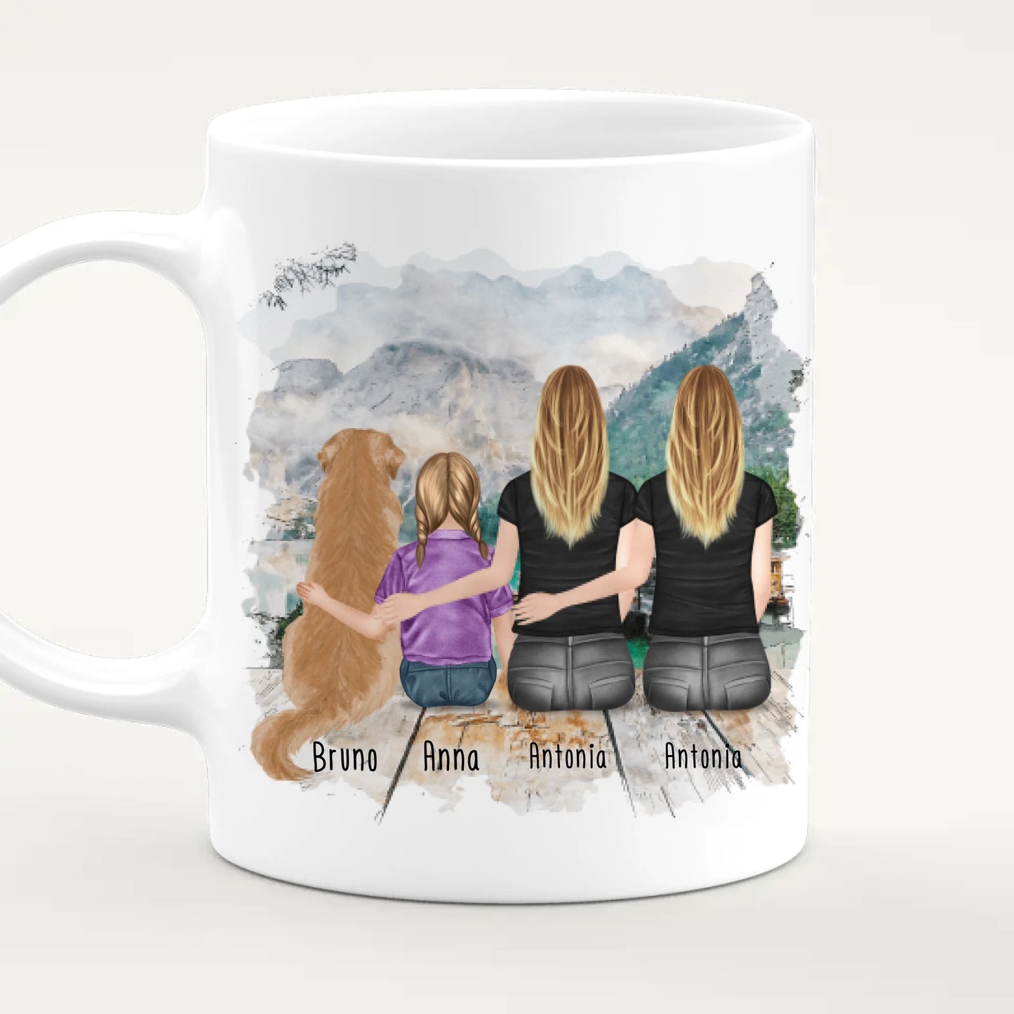 Personalisierte Tasse mit 2 Frauen + 1 Kind + 1 Hund