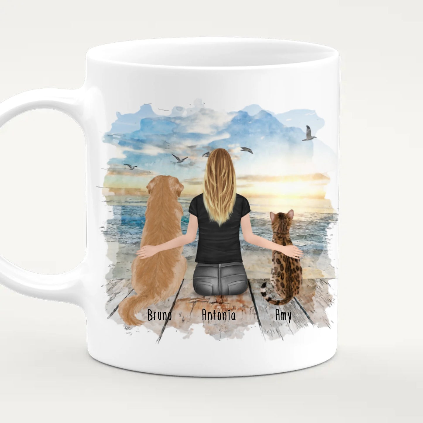 Personalisierte Tasse mit Hund/Katze/Frau (1 Hunde + 1 Katze + 1 Frau)