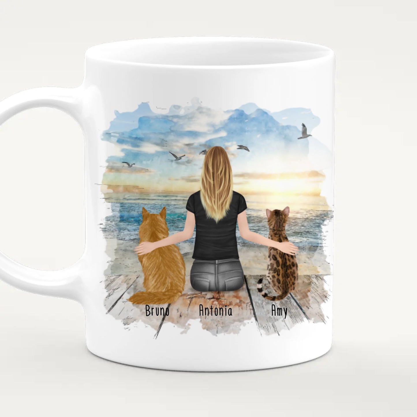 Personalisierte Tasse mit Katze und Frau (2 Katzen + 1 Frau)