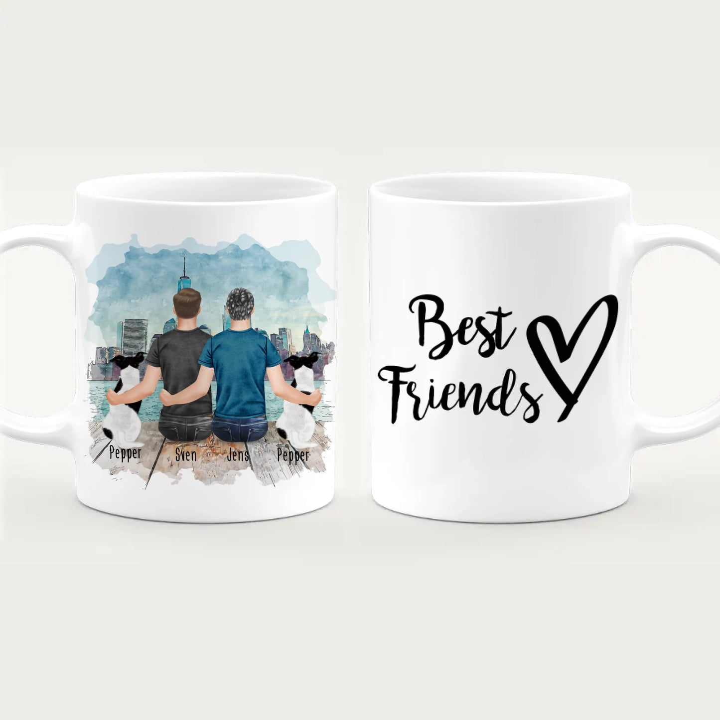 Personalisierte Tasse - 2 Männer + 2 Hunde