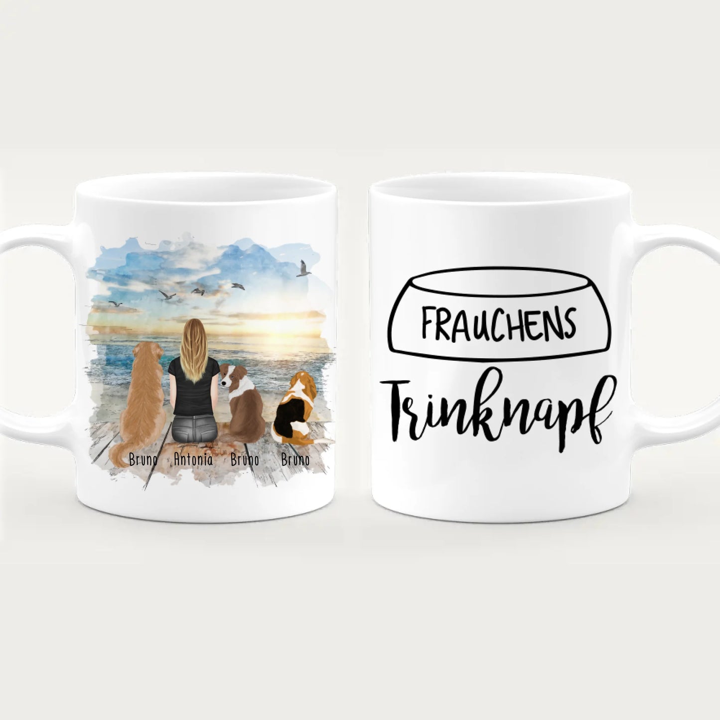 Personalisierte Tasse 1 Frau + 3 Hunde