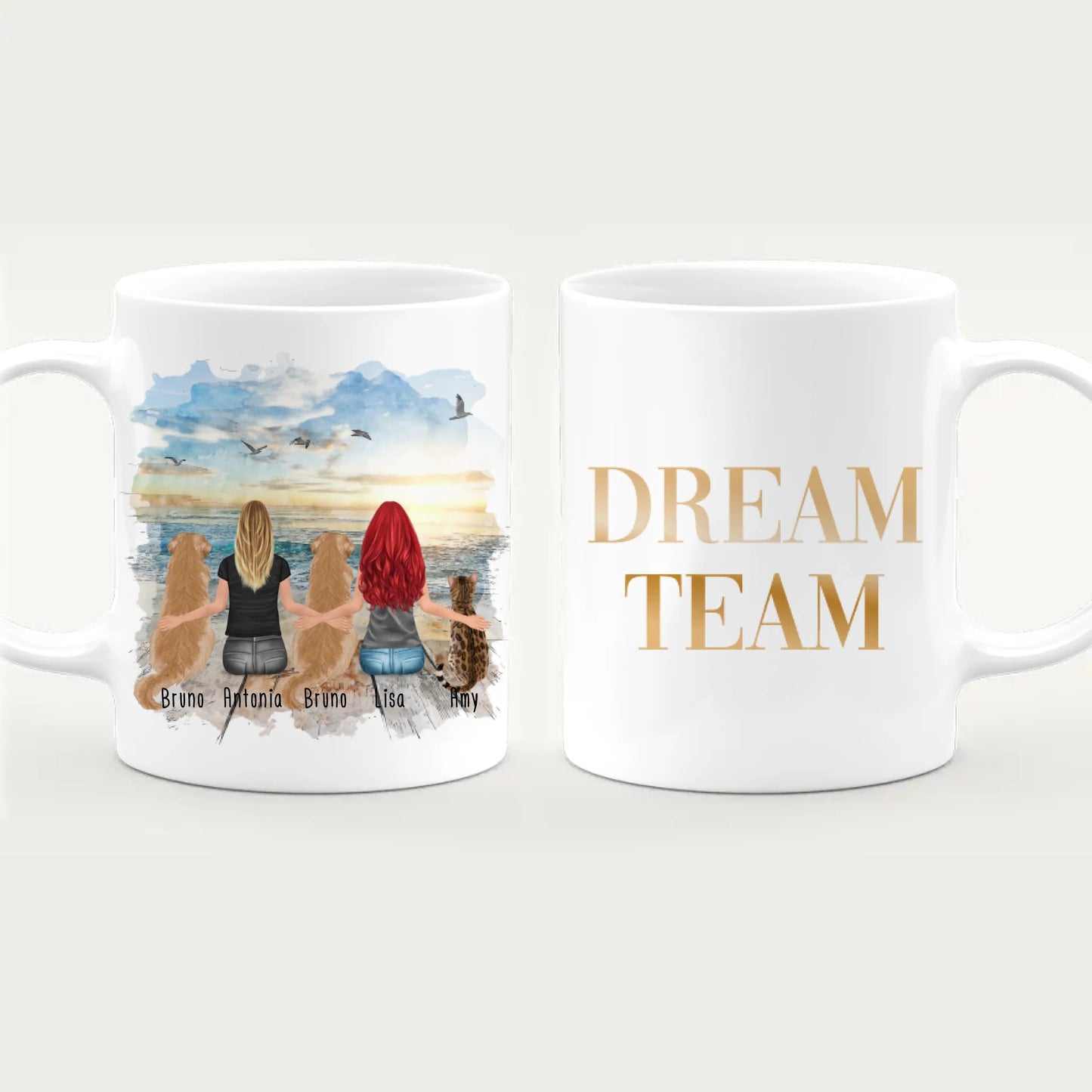 Personalisierte Tasse 2 Frauen + 2 Hunde + 1 Katze