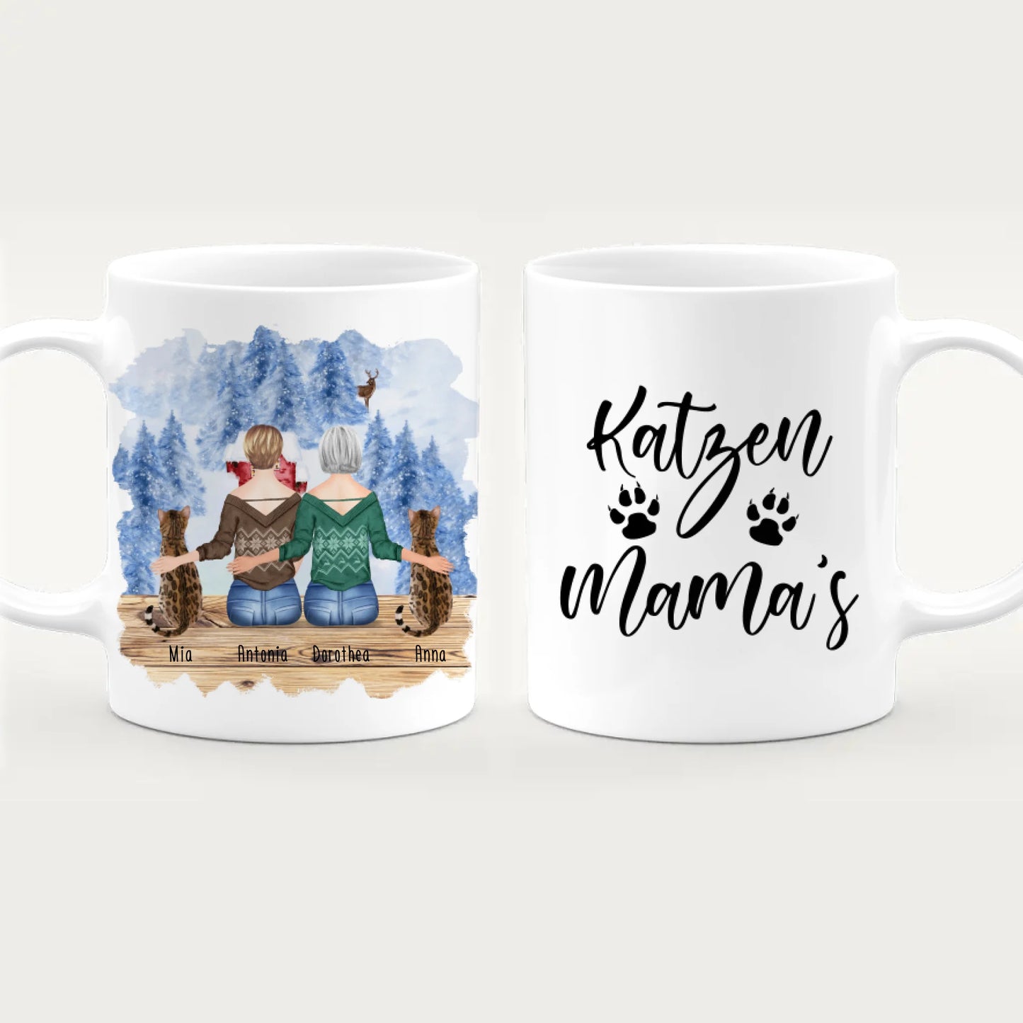 Personalisierte Tasse mit Katzen und Frauen (2 Katzen + 2 Frauen) - Weihnachtstasse