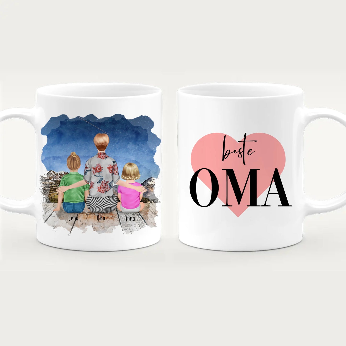 Personalisierte Tasse für Oma (1 Baby + 1 Kind + 1 Oma)