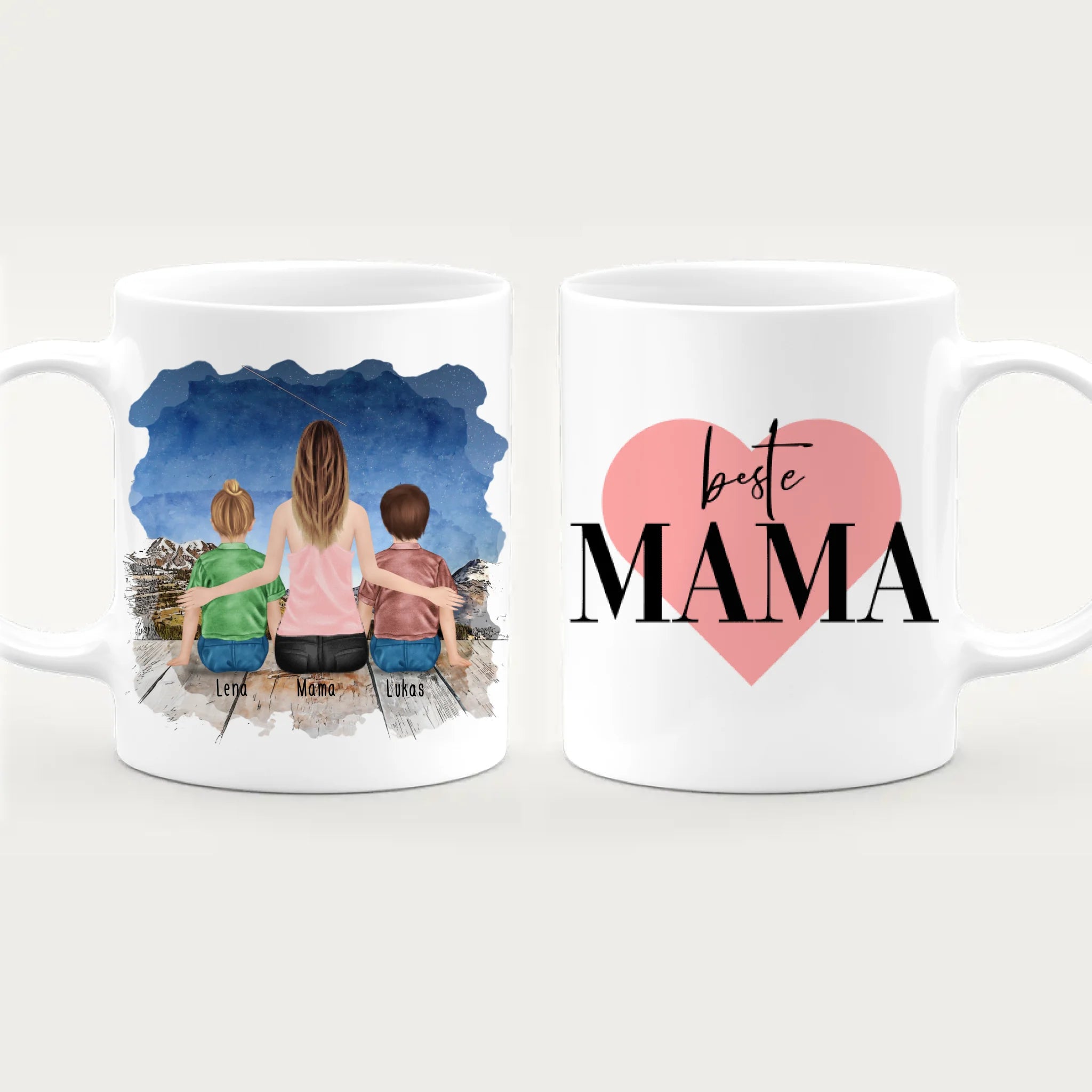 Personalisierte Tasse mit Mutter und Kindern (2 Kinder + 1 Mutter)