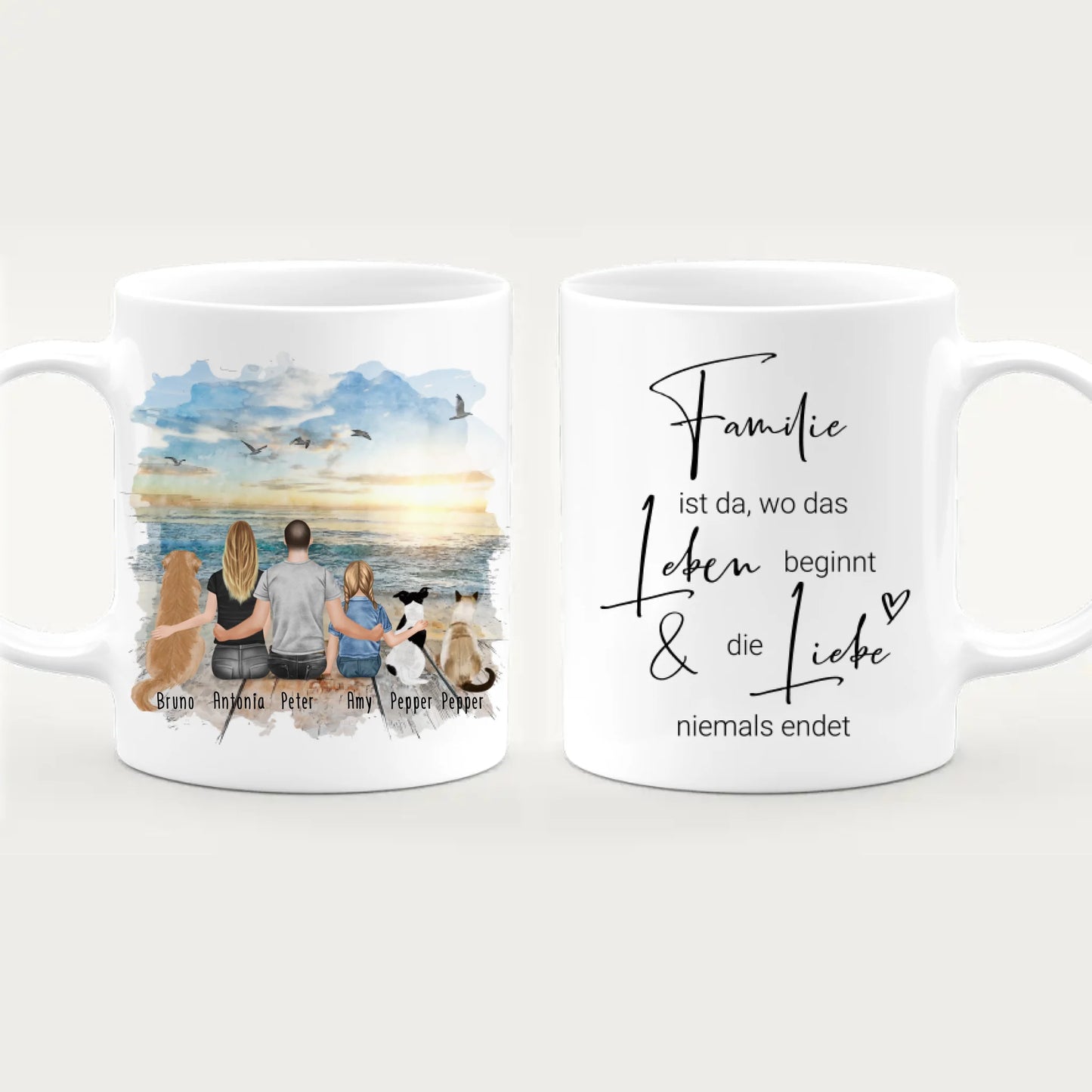 Personalisierte Tasse mit Familie + 2 Hunde + 1 Katze (1 Kind)