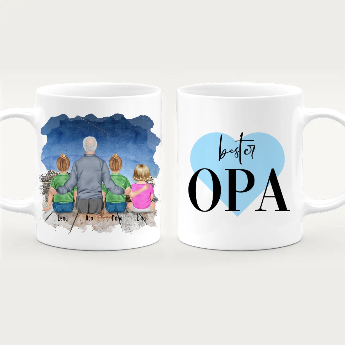 Personalisierte Tasse für Opa (2 Kinder + 1 Baby + 1 Opa)