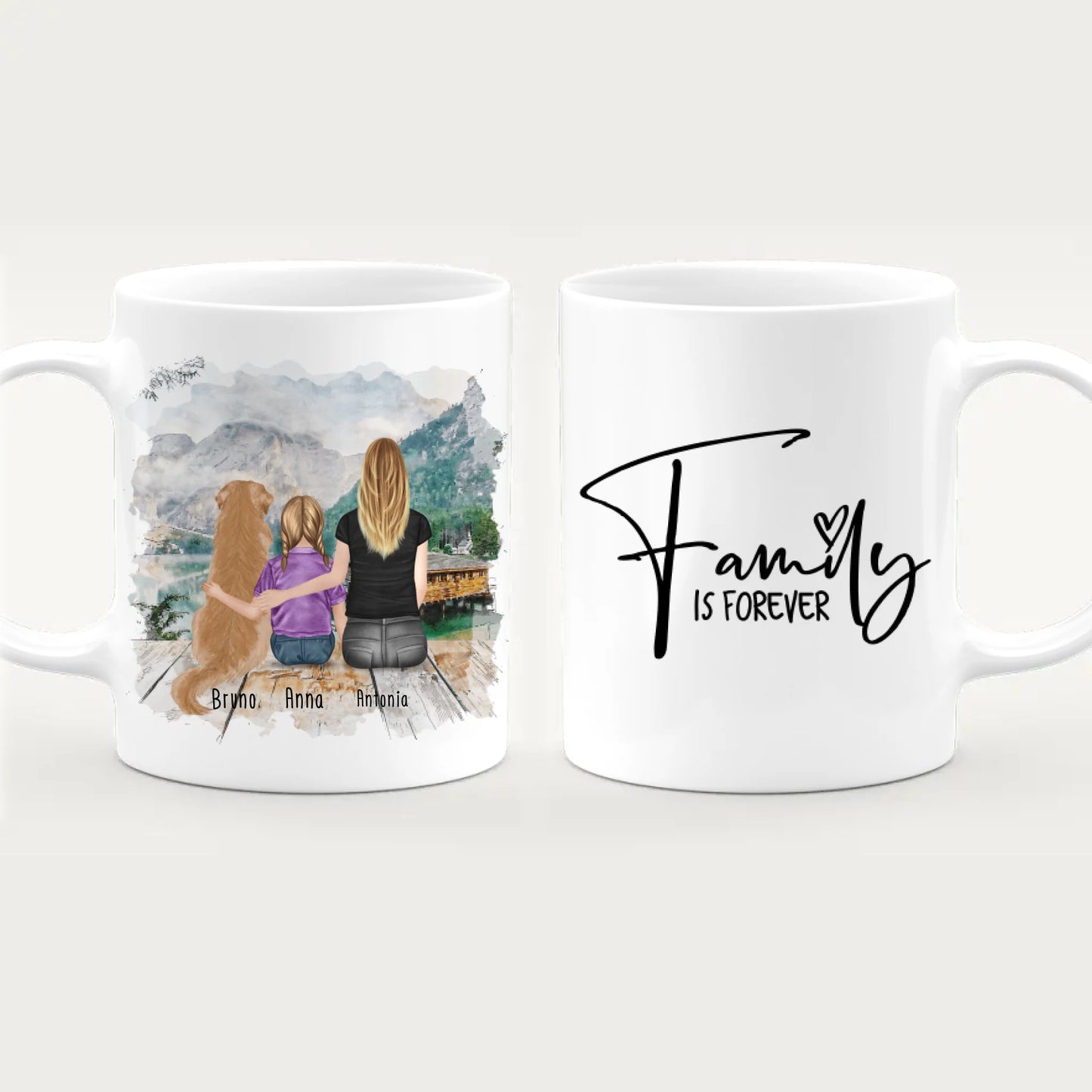 Personalisierte Tasse mit 1 Frau + 1 Kind + 1 Hund