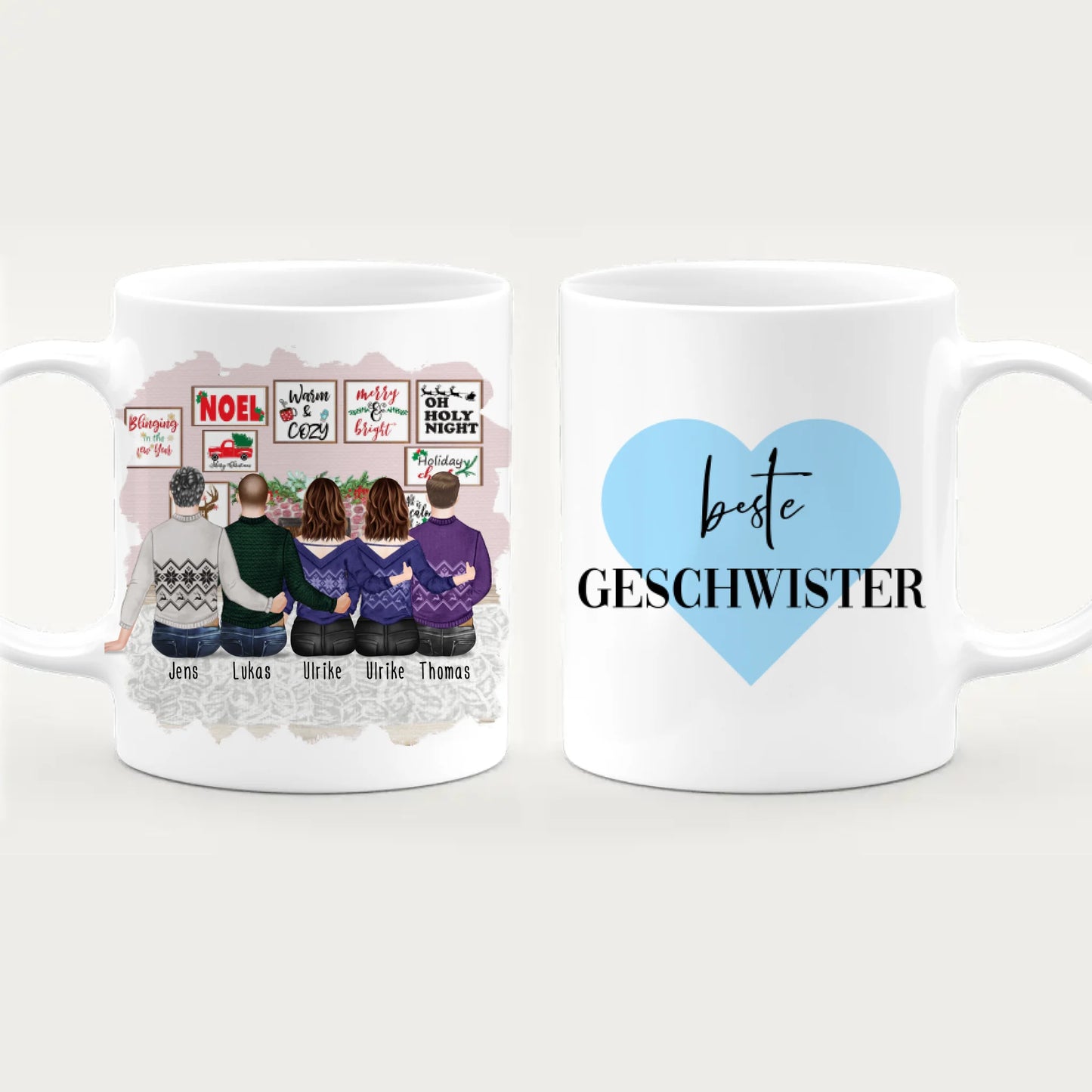 Personalisierte Tasse mit Bruder/Schwester (2 Schwestern + 3 Brüder) - Weihnachtstasse