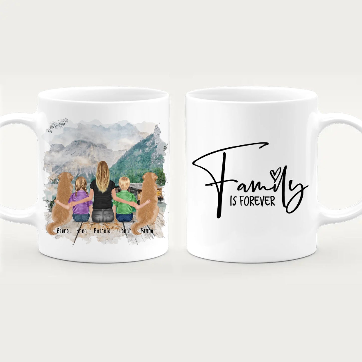 Personalisierte Tasse mit 1 Frau + 2 Kindern + 2 Hunden