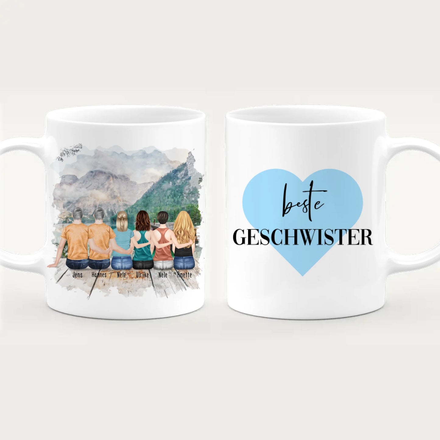 Personalisierte Tasse mit Bruder/Schwester (4 Schwestern + 2 Brüder)